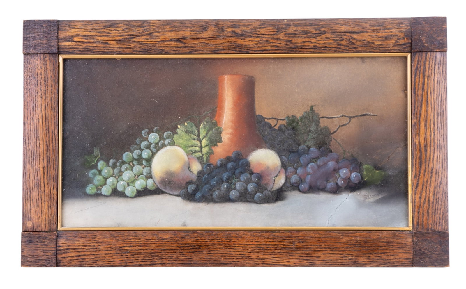 Signed Pastel Still Life w/ Grapes: Framed pastel still life drawing depicting a tabletop arrangement of grape clusters, peaches, foliage, and a terracotta vessel set against a dark background. Signed lower right (possibly Hamilton). Pr