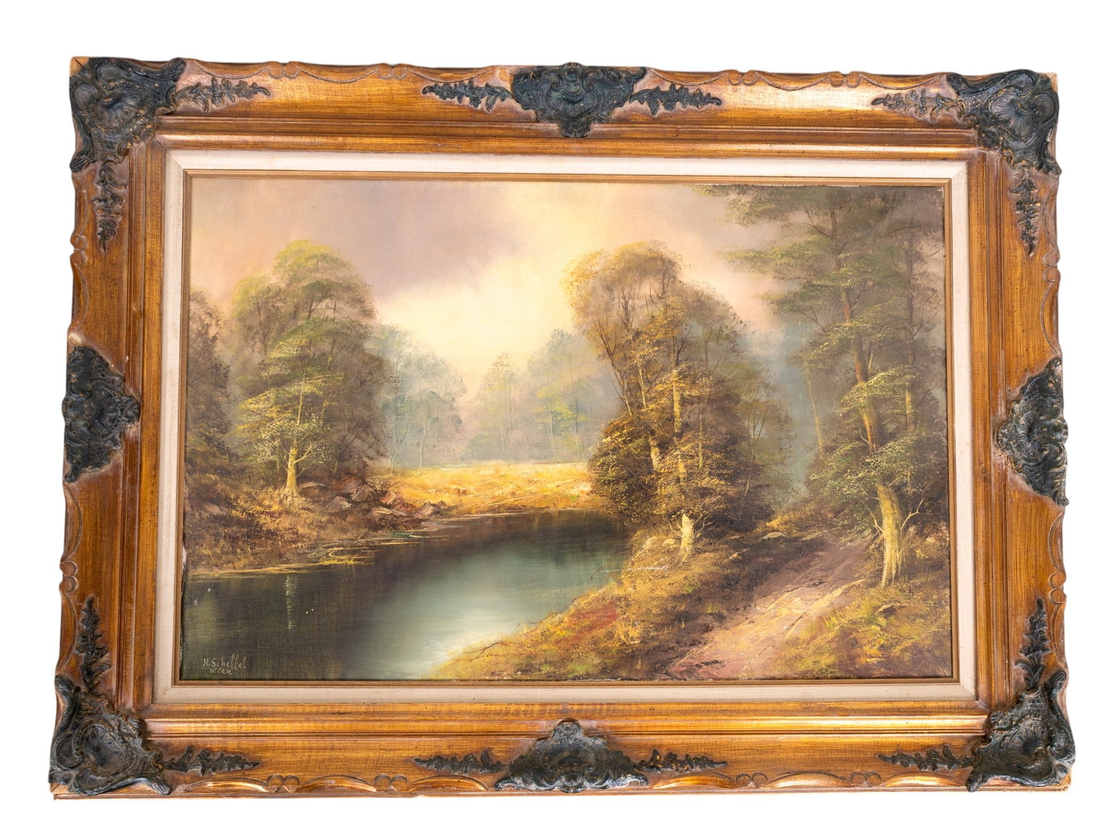 Hans Sheffel (20th C, Estonian) O/C Landscape: A 20th Century oil on canvas landscape painting measuring approx. 34" high x 46" wide OD in vintage decorative frame. Estonian artist Hans Sheffel, who painted most of his works in Vienna, Austria. Si