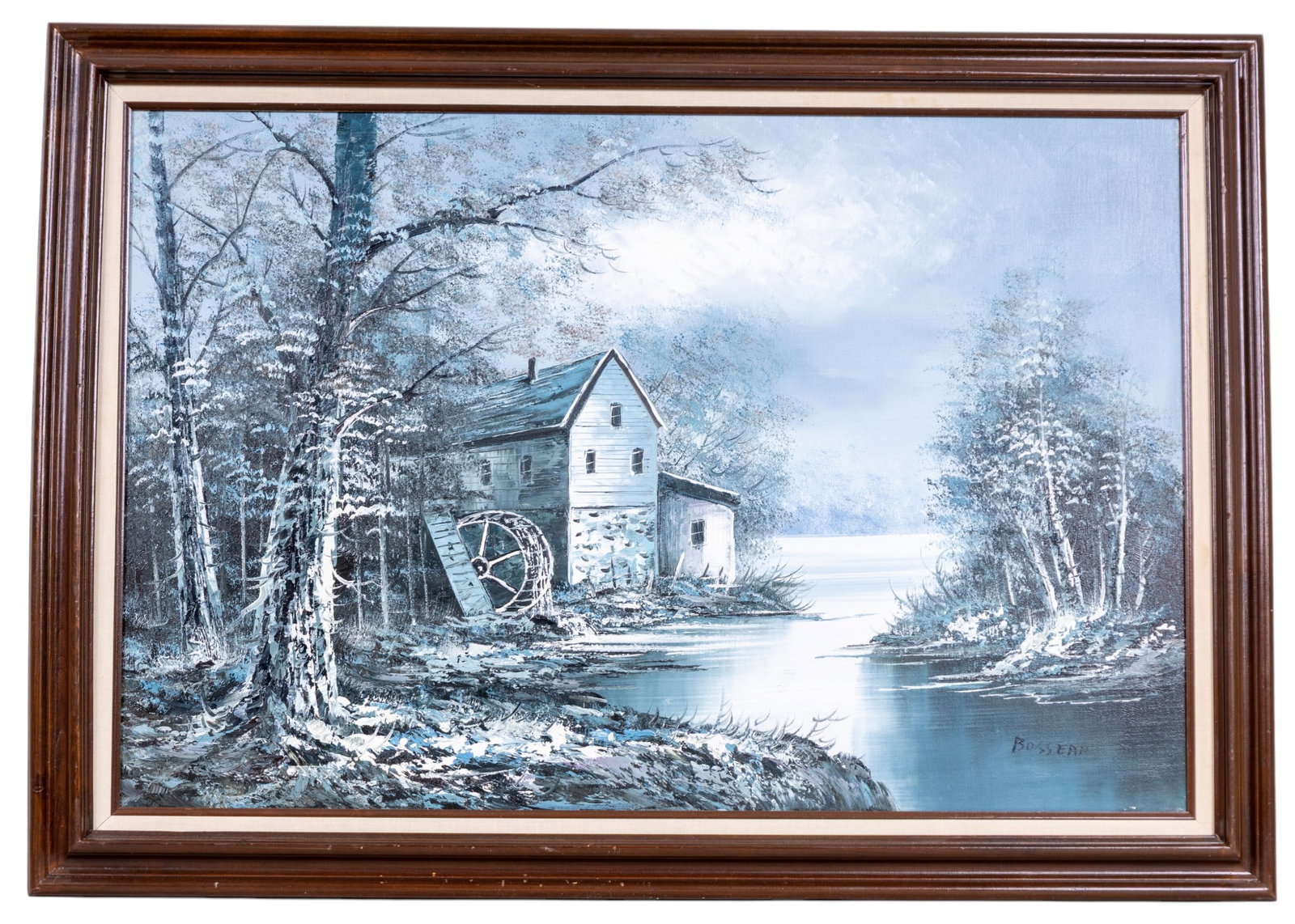 Landscape Oil on Canvas of Winter Nature Scene: A landscape signed oil on canvas depicting a farmhouse with waterwheel in close proximity with a winter stream. Item measures approx. 29.5" high x 41.5" wide OD in contemporary frame.