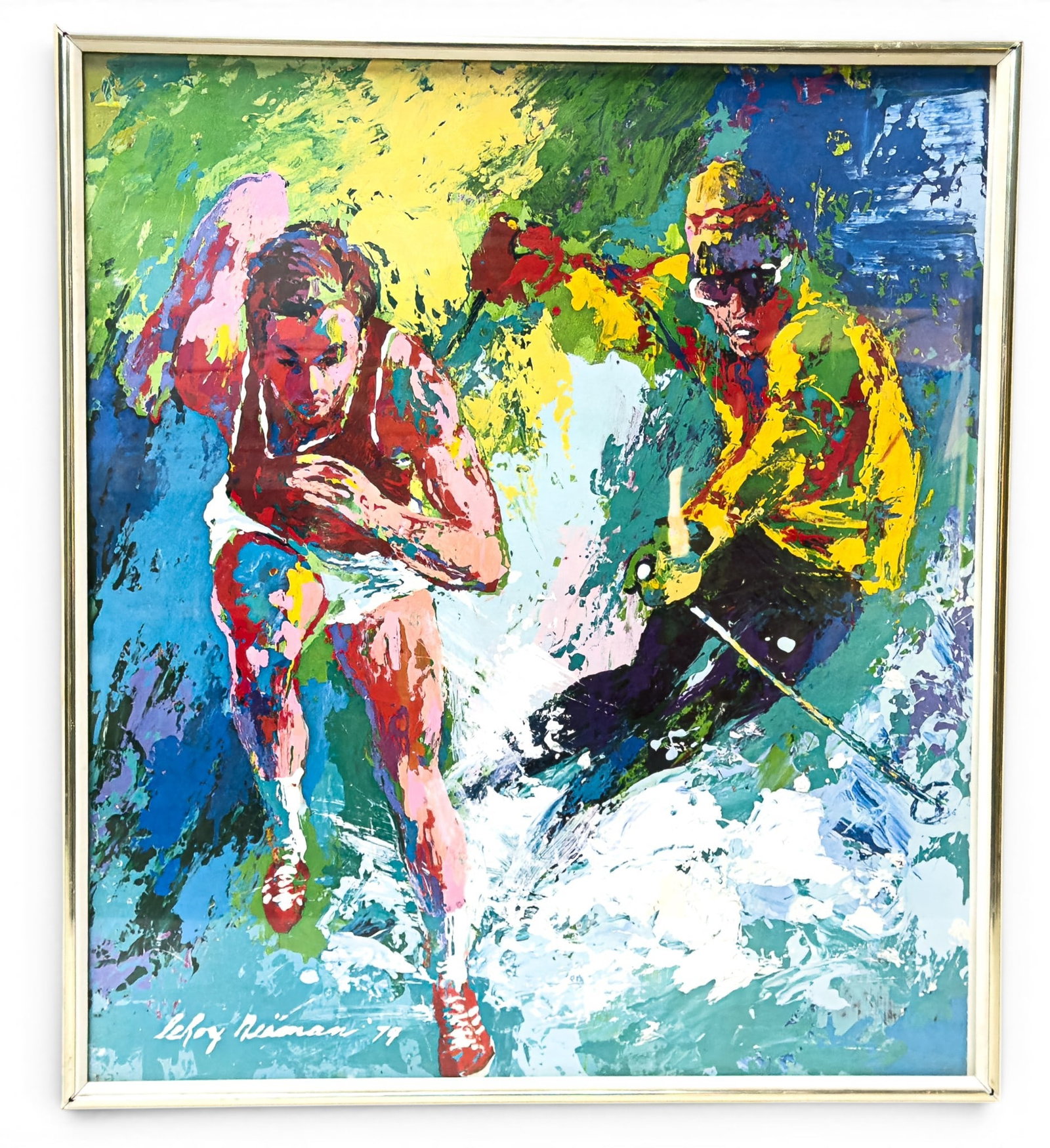 LeRoy Neiman Mid Century Print: Colorful neon LeRoy Neiman athletic print. Measures approx. 22" W x 25.5" H.