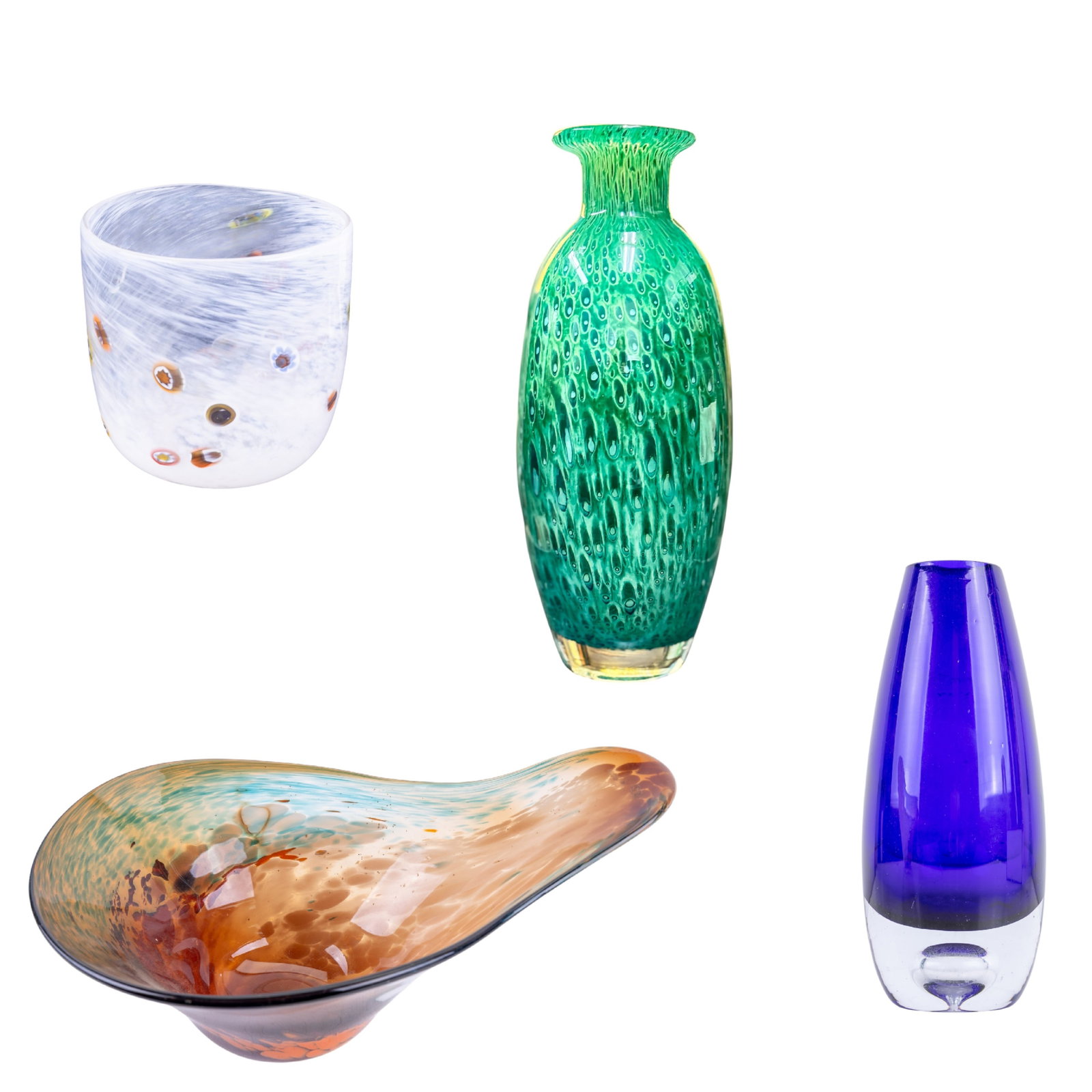 Blown Art Glass Vases and Bowl: A collection of four blown art glass vessels including a green flitted glass vase with flared rim (approx. 12" H), a white and multi color swirled and flitted glass jar, a cobalt blue Scandinavian blo