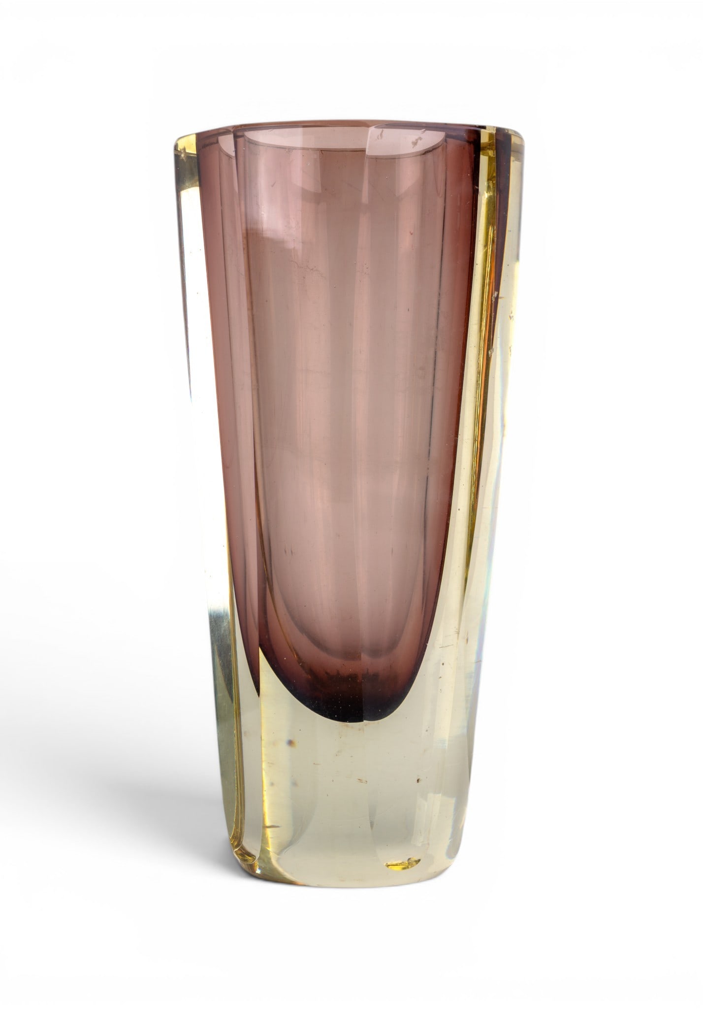 Mid Century Murano Case Amethyst Crystal Vase: A vintage mid century Murano cased amethyst crystal vase. Note minor rim chips. Measures approx. 10" H.