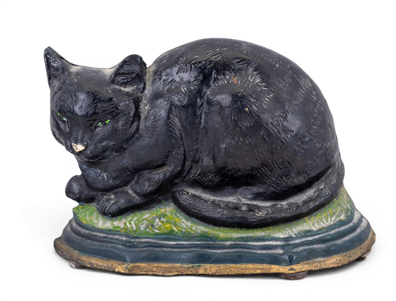 Early Cast Iron Black Cat Doorstop: An early hand painted cast iron doorstop depicting a black cat. Measures approx. 11.5" W x 3" D x 8.5" H.