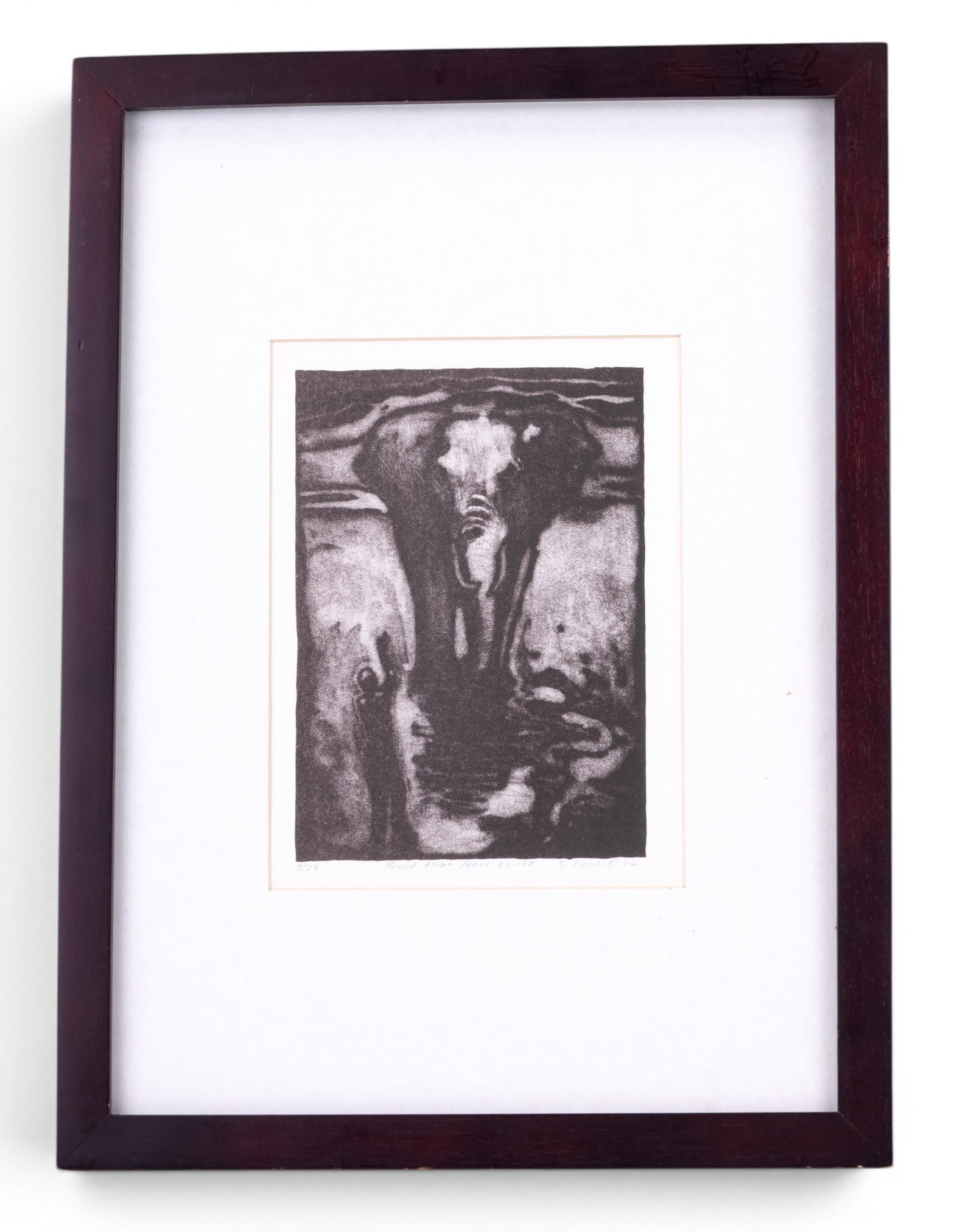 Elephant Ltd Ed Mezzotint Signed S. Cross: A limited edition print No. 7 of 28 titled 'Proof That Peace Exists' depicting an elephant and human figure. Pencil signed and dated 'S. Cross, 94'. Frame measures approx. 12" W x 16" H.