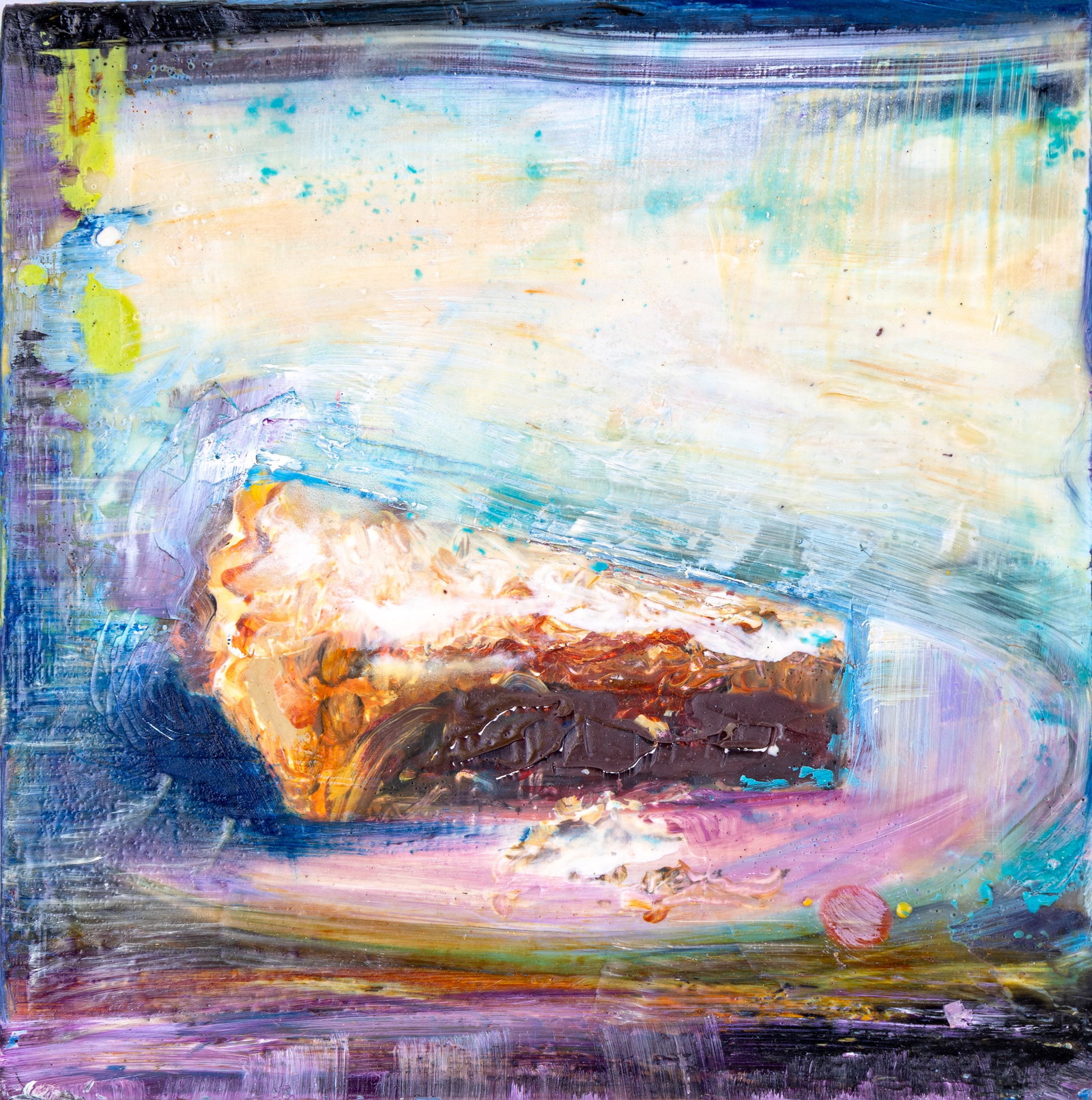 Painting on Board 'Shoo Fly Pie' by K. Woodward: An impressionist encaustic painting on wood board titled 'Shoo Fly Pie' pencil signed on the reverse by Pennsylvania contemporary artist Kristen T. Woodward. Measures approx. 8" W x 8" H.