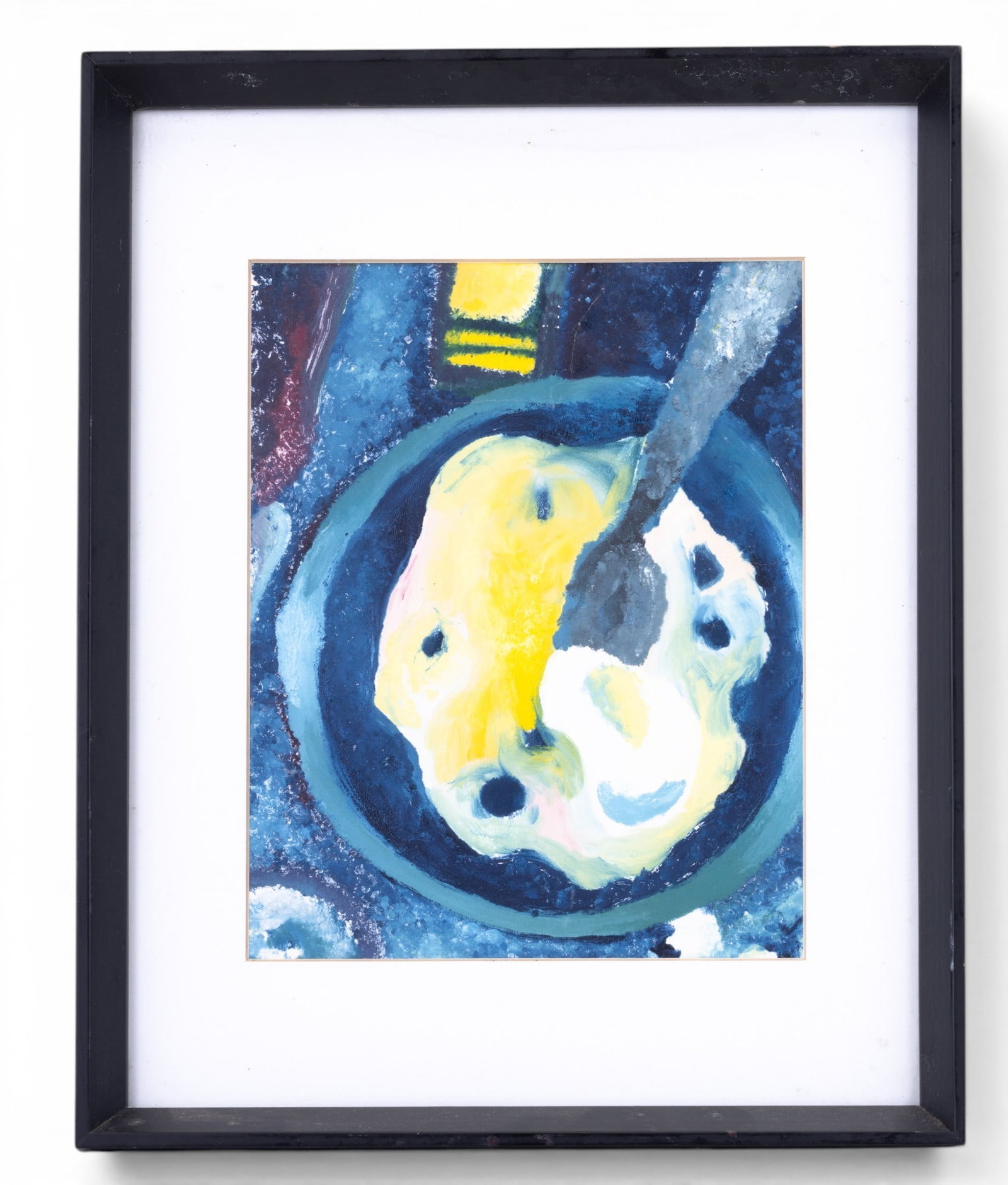 Mono Print "Fried Egg": A matted and framed abstract impressionist mono print or 'painted print' depicting the frying of an egg. Not signed. Frame measures approx. 12" W x 15" H.