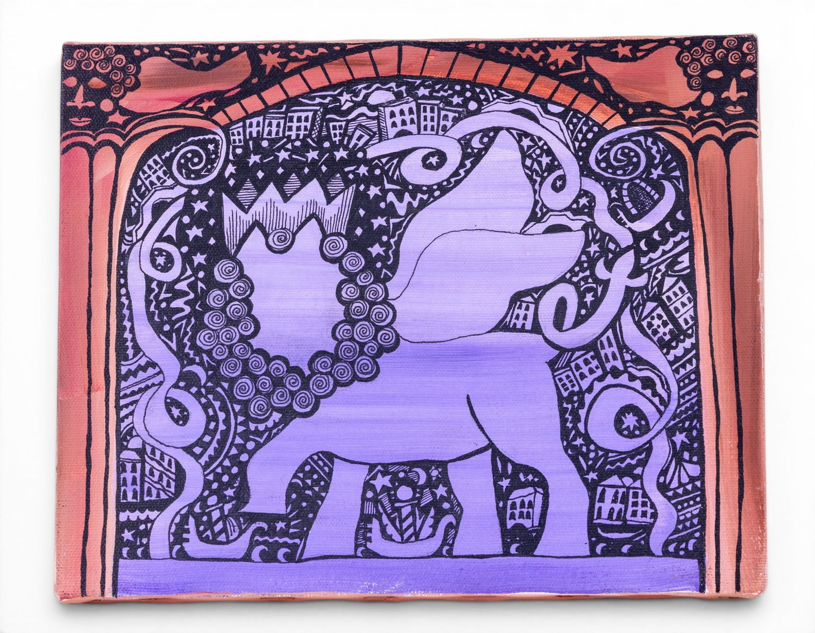 Whimsical Acrylic on Canvas Painting: A whimsical doodle style acrylic on canvas painting depicting a crowned griffin with buildings and columns in the border and background. Dated 'January 8, 1997' on the reverse. Not signed. Measures