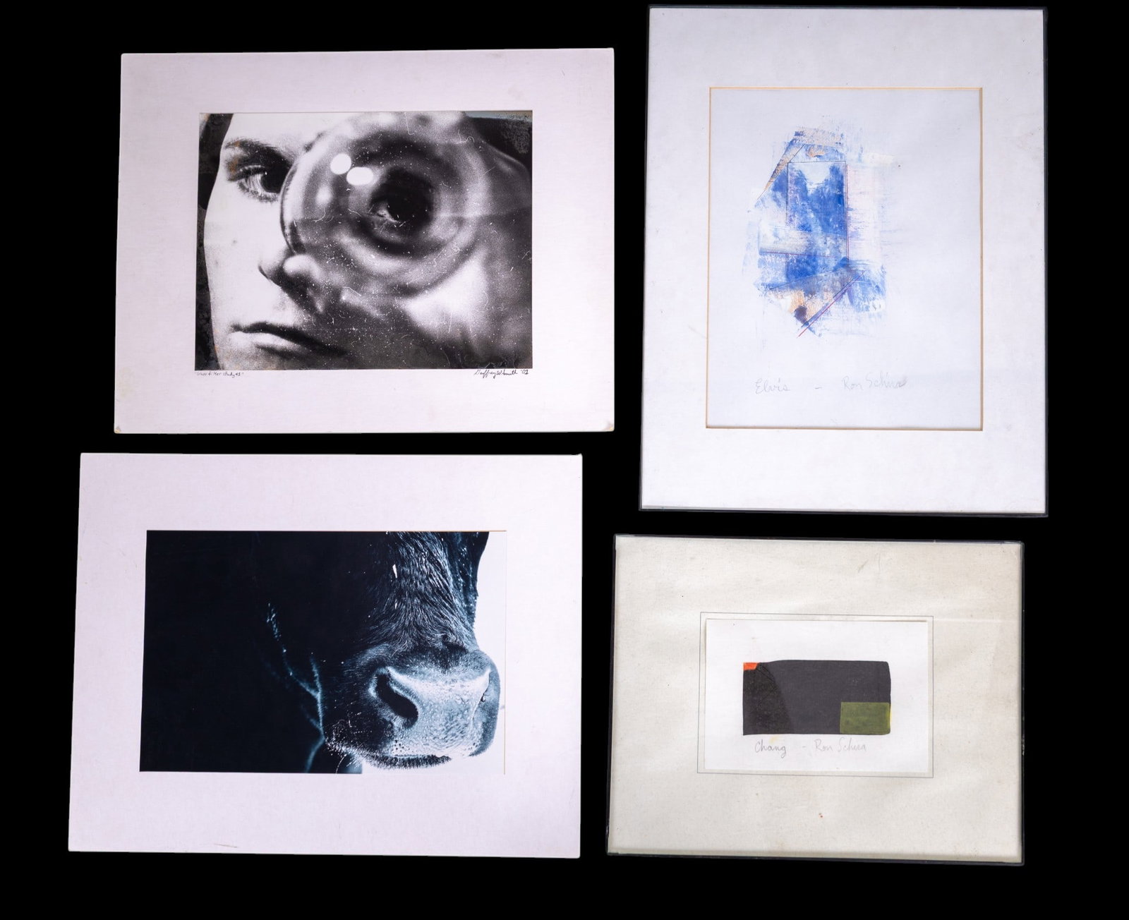 Signed Small Framed Paintings & Mounted Photos: A small framed watercolor abstract painting titled 'Chang', (approx. 8.5" H x 11" W), a mixed media abstract titled 'Elvis', (approx. 11" W x 14" H), -both pencil signed 'Ron Schira'-, two dry mounted