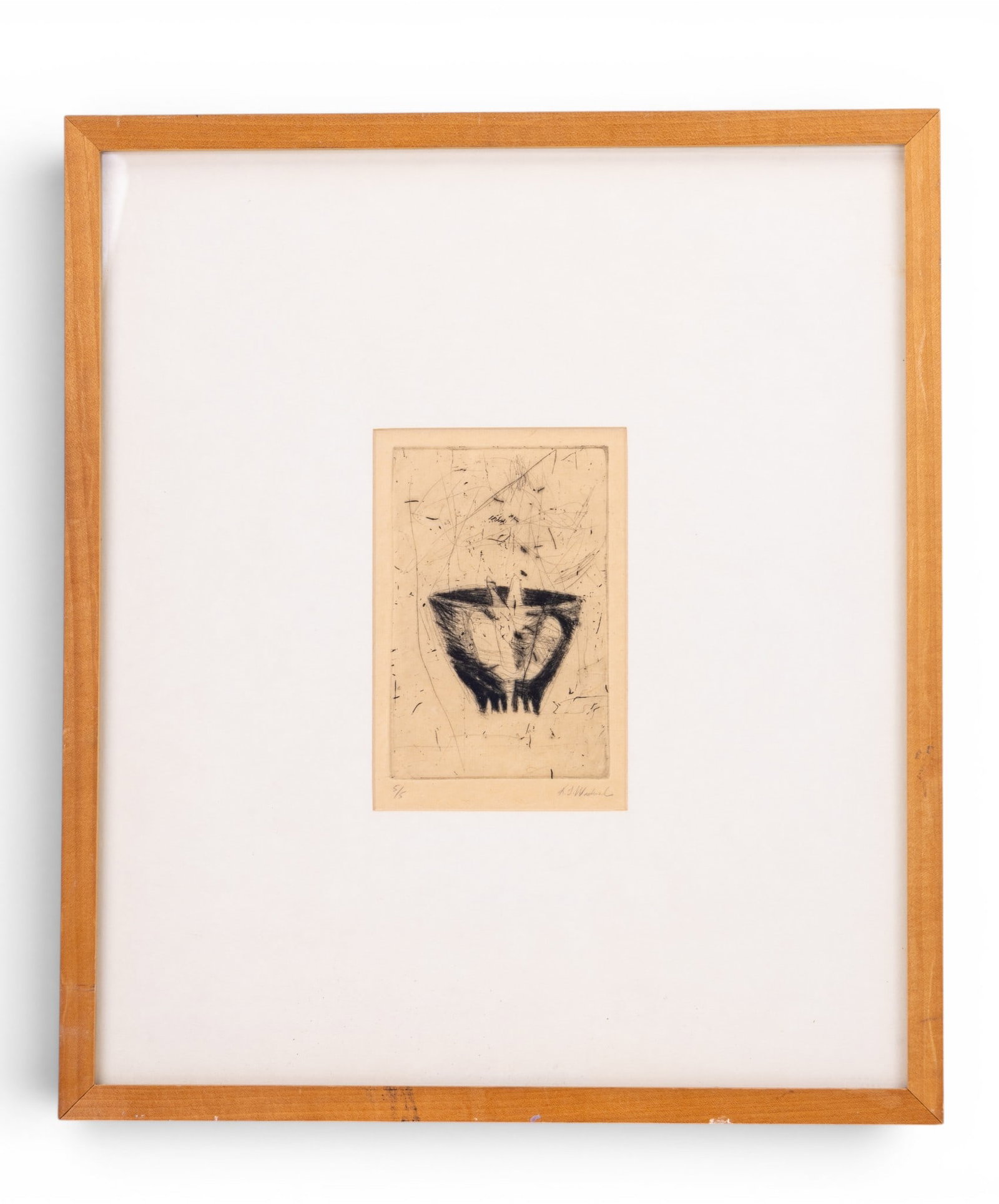 Signed Limited Edition Dry Point Etching: A framed and matted limited edition dry point etching, No. 5 of 5. Pencil signed illegibly. Frame measures approx. 15.5" W x 17.5" H.