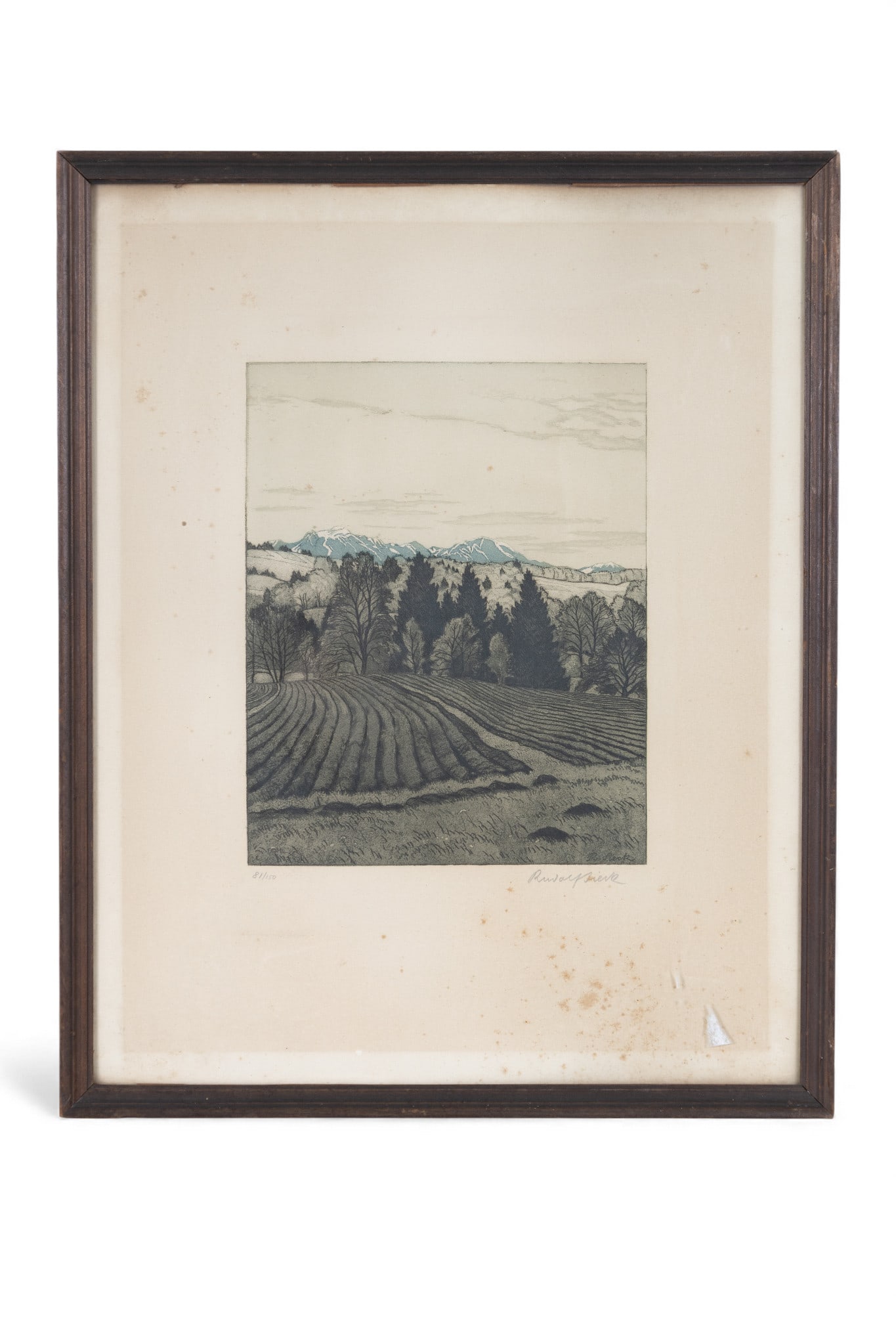 Rudolph Sieck (Germany 1877-1957) Aquatint Etching: Framed aquatint etching of landscape and mountains. Pencil signed and marked 81/150 by Rudolph Sieck (German 1877-1957). Note: may need to be re-framed. Measures approx. 15.5" W x 19" H.