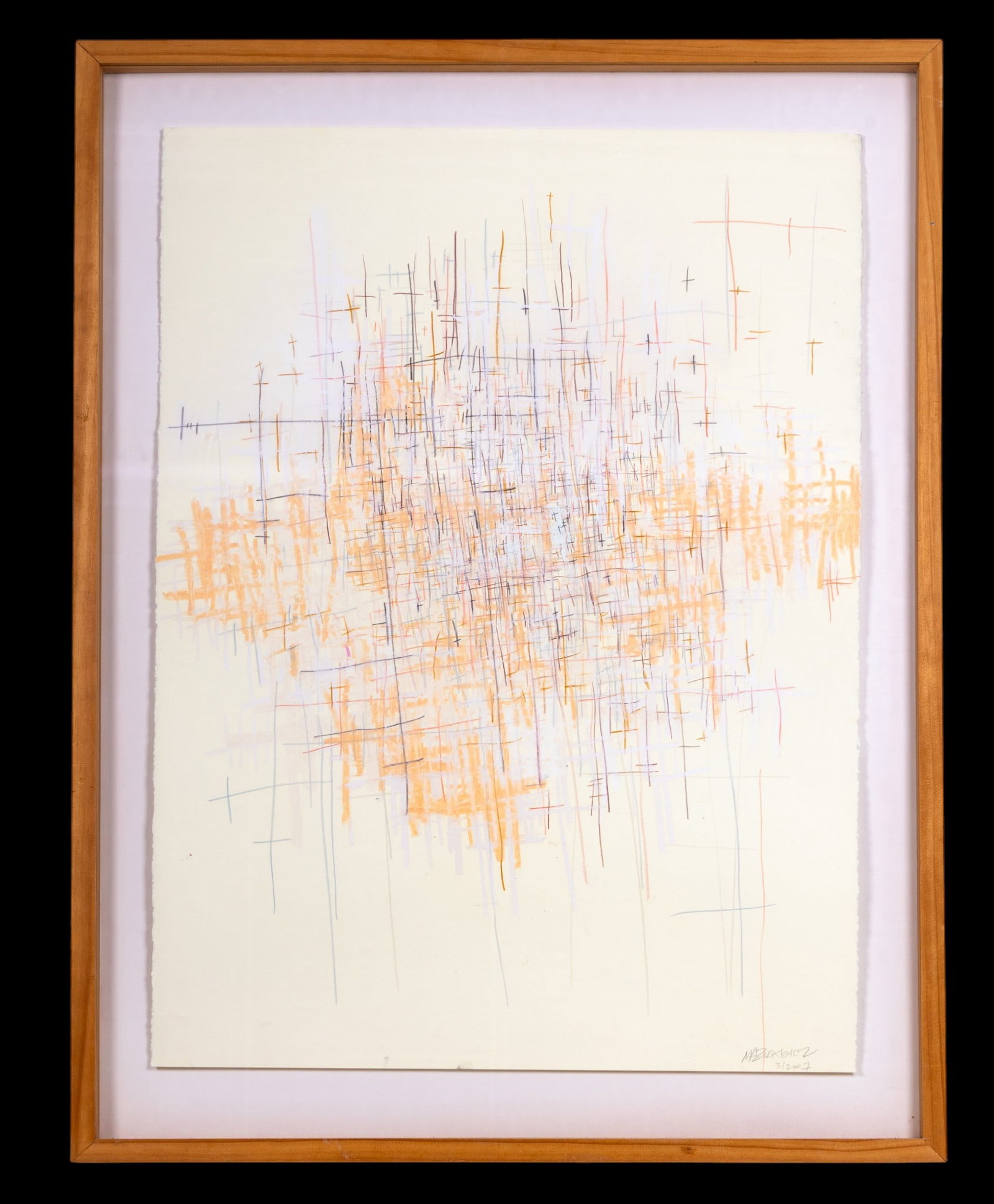 Abstract Drawing 'Flesh World' by Matt Mazurkawitz: A large float mounted abstract colored pencil drawing titled 'Flesh World'. Dated 2007. Pencil signed by contemporary artist Matthew Mazurkawitz. Frame measures approx. 27.5" W x 35.5" H.