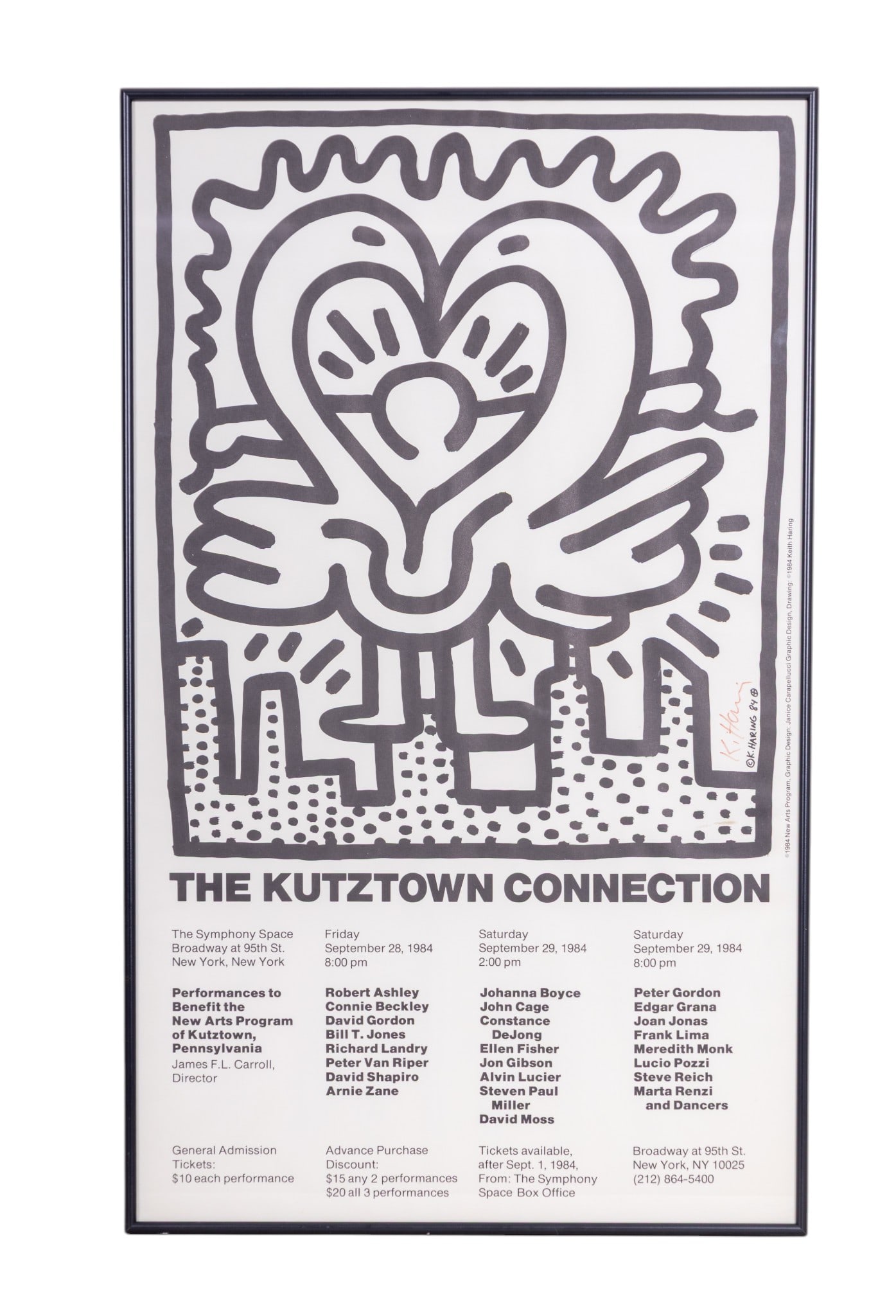 Keith Haring 1984 Signed Poster: A 1984 framed poster designed by Keith Haring (American 1958-1990) for the New Arts Program of Kutztown, PA, titled 'The Kutztown Connection'. Signed by the artist in red ink along the right edge of t