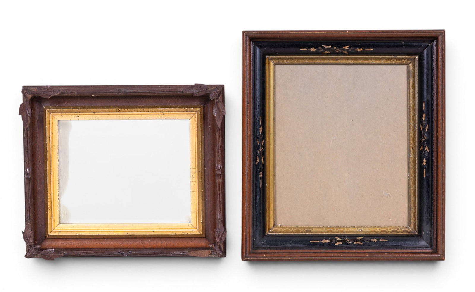 Antique Eastlake Wooden Frames: Two Eastlake antique wooden frames including a Victorian Adirondack double stacked frame with gold painted inner frame, (approx. 15" W x 12.5" H, some loss), and a triple stacked walnut frame set