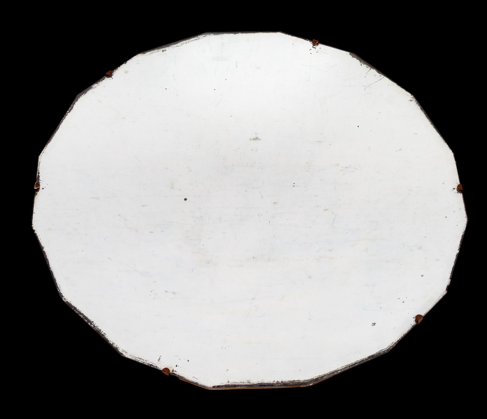 Antique Beveled 16-Side Round Mirror: An antique 16-sided round float mirror, clipped to pressed board backing. Measures approx. 24" diam.