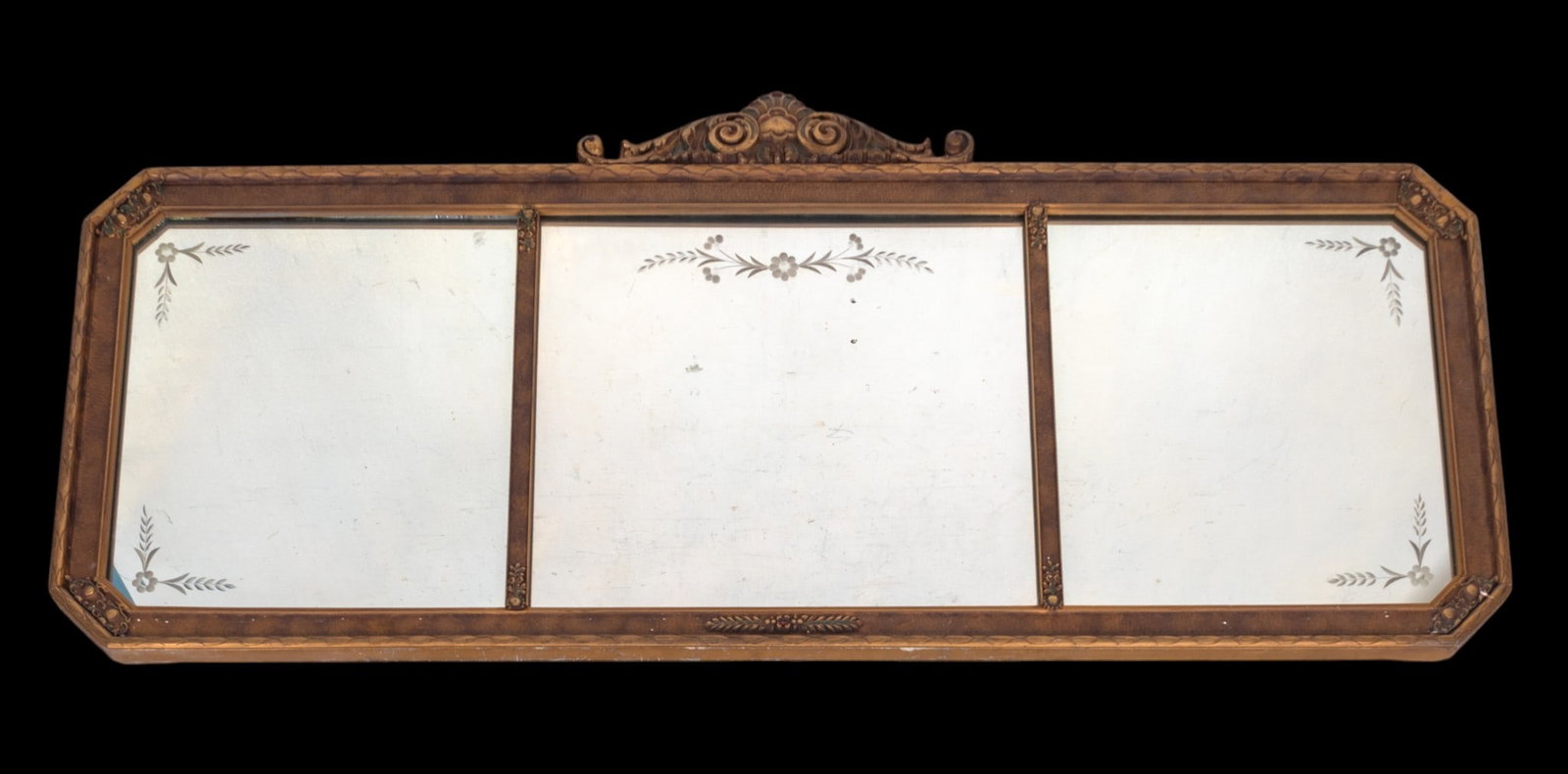 20th C Etched 3-Panel Buffet Mirror: An early vintage 20th Century buffet mirror with etched floral accents on glass. Item measures approx. 56" W x 21.5" H. Glass in good condition, paper backing in need of replacement.