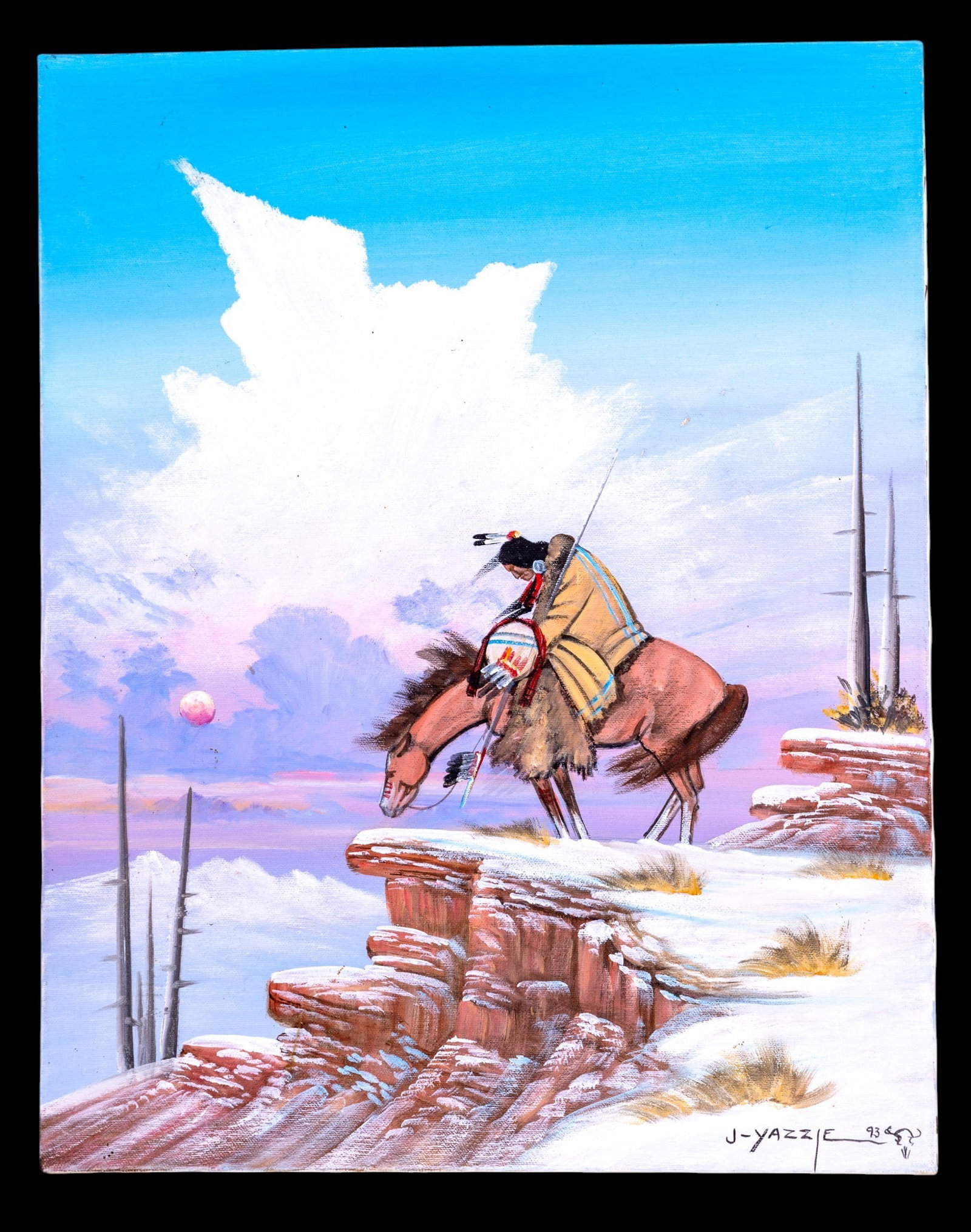 Yazzie J. (1945-2021) "Till End of the Trail" O/C: A signed oil on canvas painting by J. Yazzie, attributed to the Navajo tribe. Item measures approx. 16" W x 20.5" H with no frame. Title "Till End of the Trail" written on back.