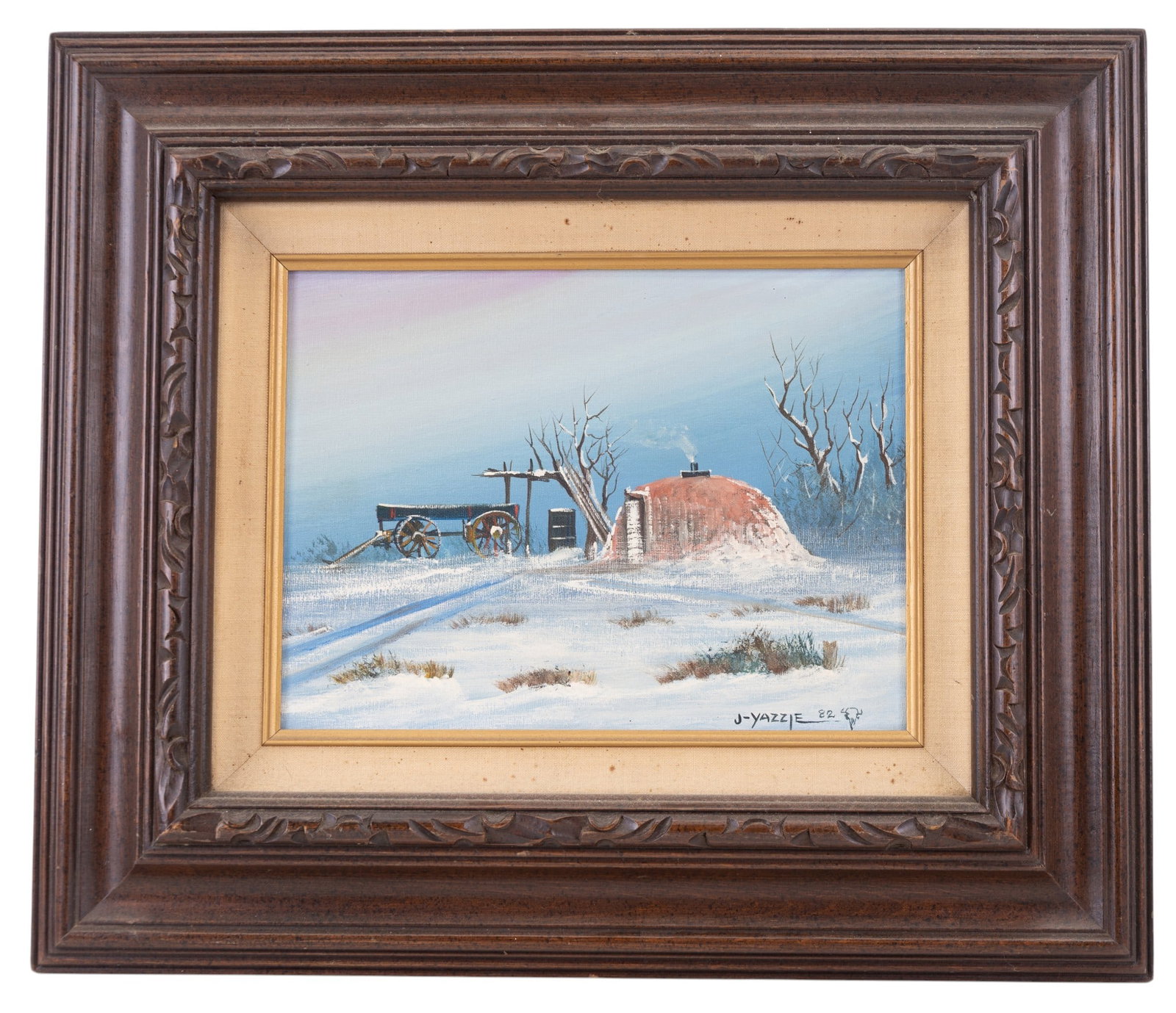 Yazzie, J. (1945-2021) "Navajo Winterland" O/c: An oil on canvas painting by J. Yazzie. Dated 1982, signed in bottom right with title on back. Item measures approx. 20.5" W x 18" H OD.