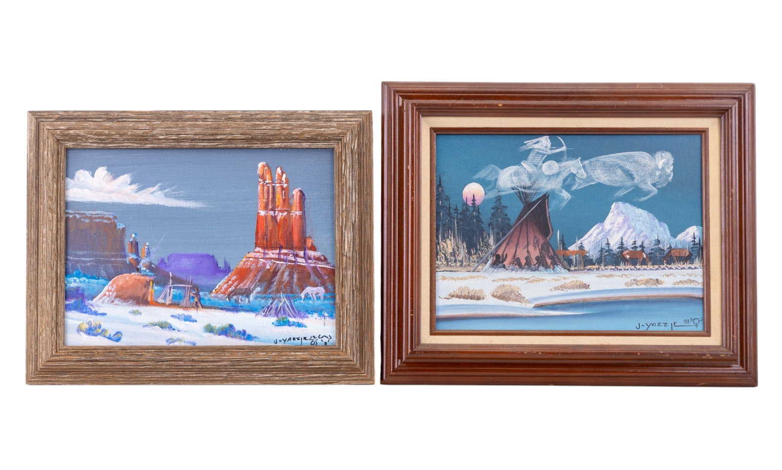 Yazzie, J (1945-2001) Oil on Canvases (2): Two oil on canvas paintings by J. Yazzie (one dated 1993 and both signed bottom right). Provenance can be found on back. One item measures16.5" x 13" OD, while second piece measures approx. 15" x 12"