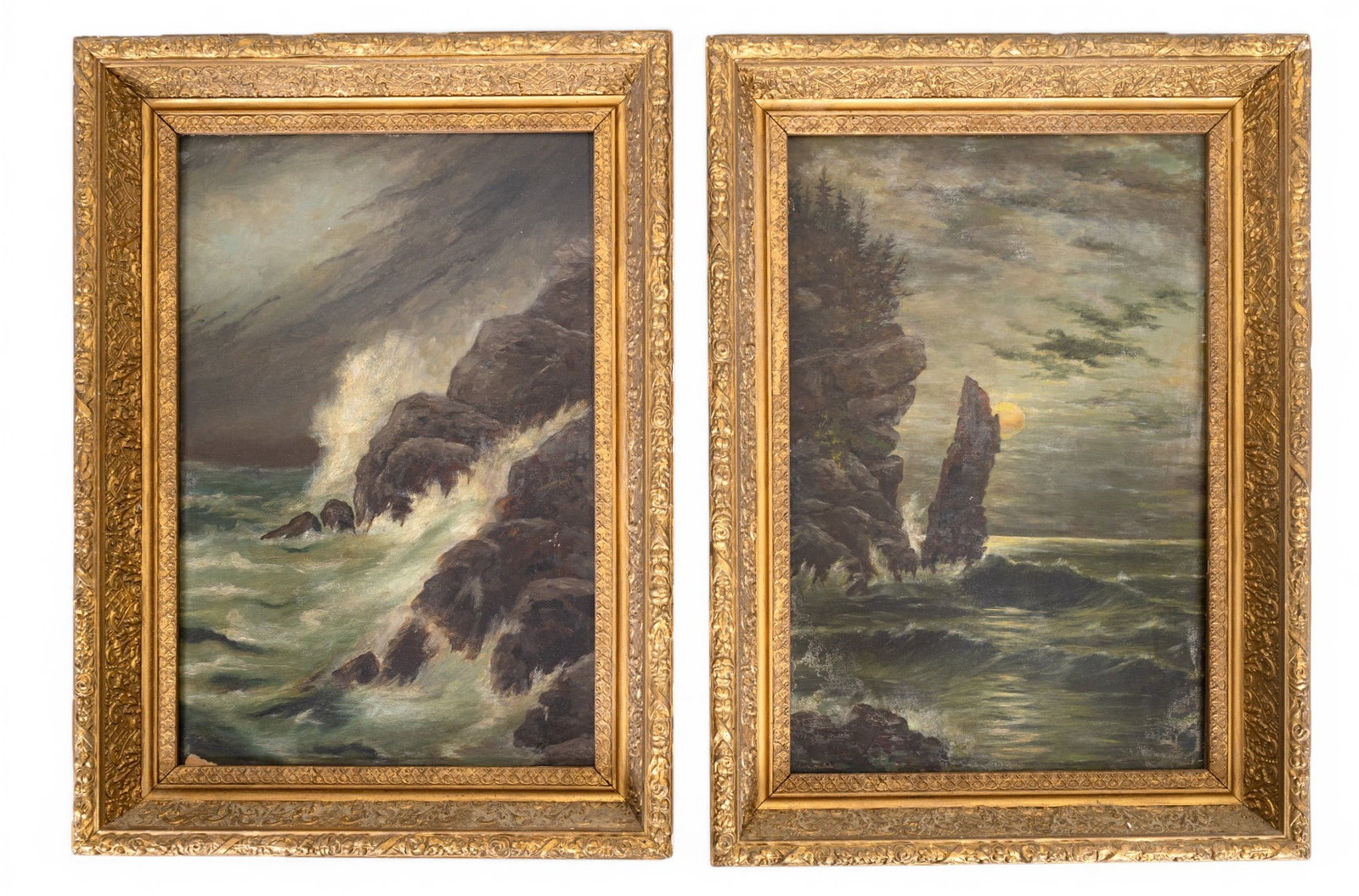 Antique Gilt Frame Oil Seascapes Paintings: Early, antique fine ornate gold gilt framed evening ocean seascape oil on board paintings. 21" H x 16" W.