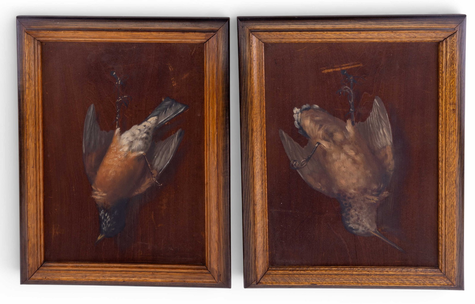 E. Frerot (Fr. 19th C) Game Bird Oil on Board (2): A diptych pair of 19th C French oil on board paintings depicting Nature Morte game birds, signed 'E. Frerot', outside dimensions of each frame measure approx. 12.5" W x 17" H. Note some minor scuffs.
