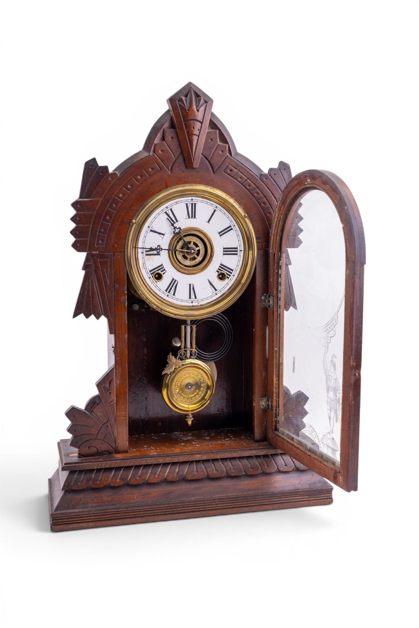 Antique Gilbert Carved Wood Gingerbread Clocks (2): Antique Gilbert carved wood case gingerbread clocks including "the Mecca" measuring approx. 20.5" high x 13.5" wide. Second clock is unnamed, measuring approx. 22" high x 14" wide. Clocks are