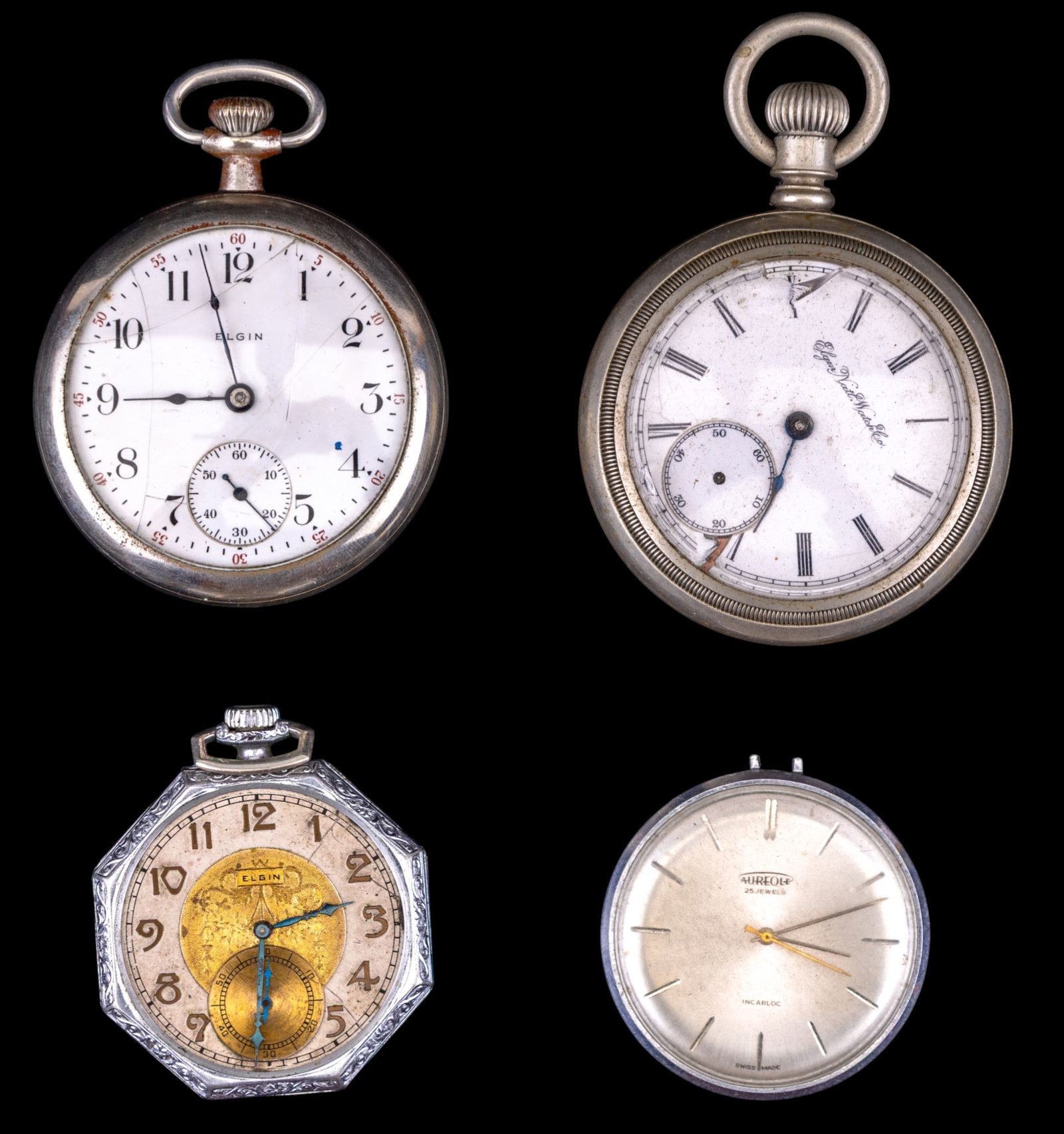 Elgin and Other Pocket Watches: Elgin 7 jewel movement #14881895 in a Keystone sileroid twist off case #165223, Elgin movement #3663335 in a Dueber silverine twist off case #53576, note chip in glass front, Elgin 7 jewel movement #1