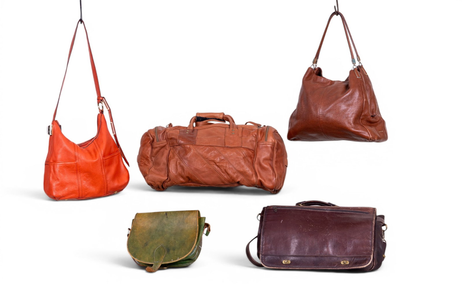 5 Vintage Leather Colorful Bags w/ Coach: A collection of vintage leather bags including brands such as a Coach hobo style shoulder bag, Tignanello, Boulder Ridge, and more.