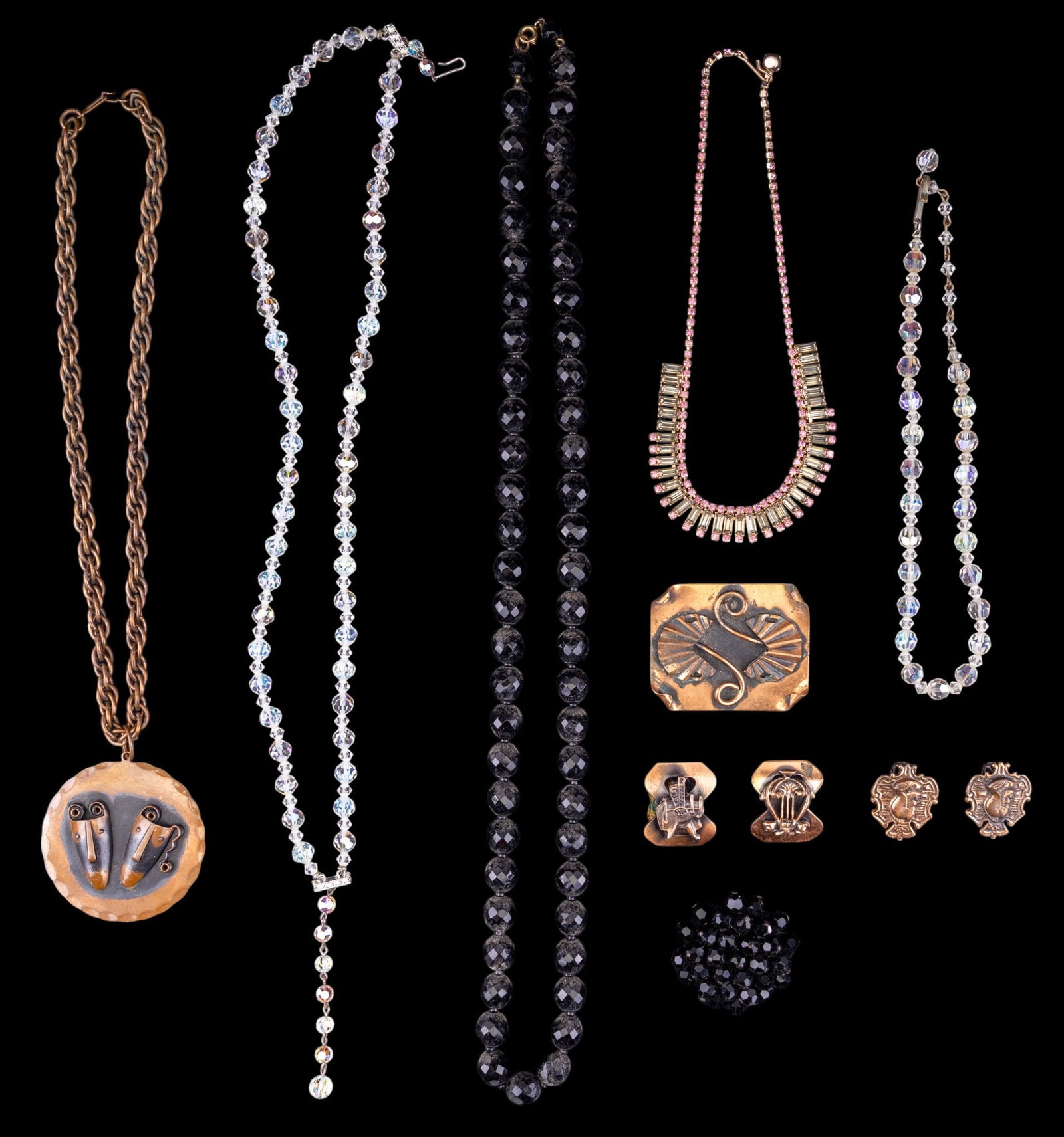 Vintage Jewelry Including Rebajos: Vintage copper Rebajos necklace, 2 pairs of vintage copper clips, crystal, and rhinestone jewelry.