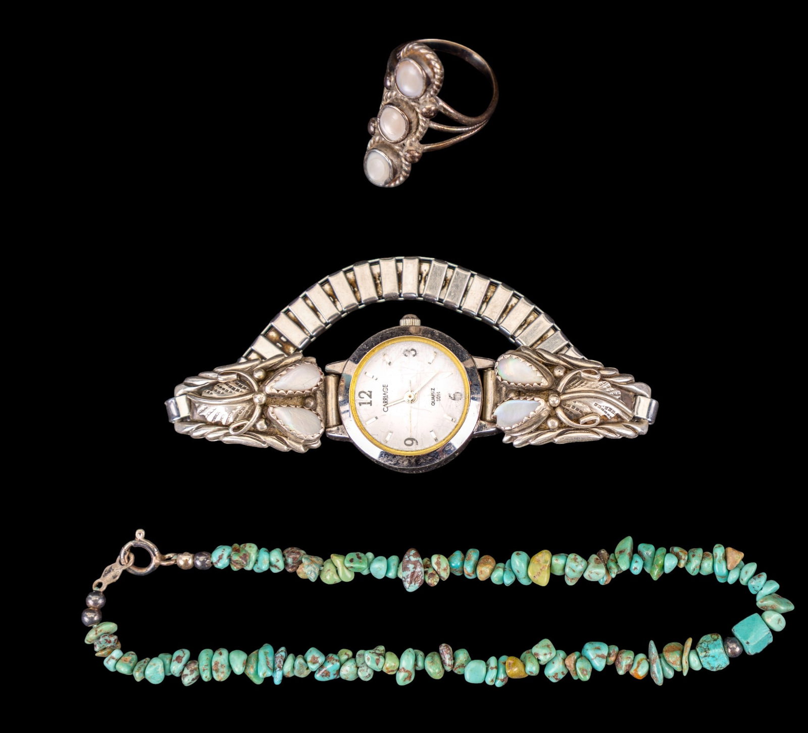 Native Jewelry: Includes a vintage Native silver mother of pearl ring, a watch with "N.A." mop. detailed watch band and a turquoise bracelet with .925 silver closure