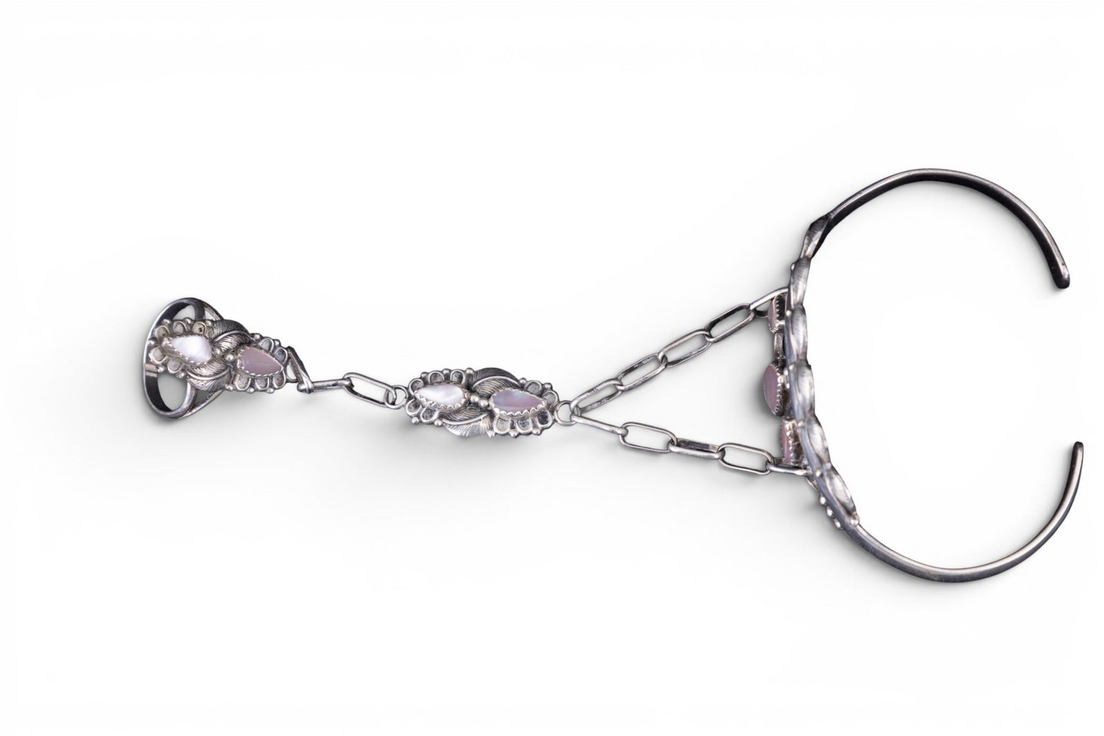 Native "Slave" / Hand Harness Bracelet: Silver vintage mother of pearl. native bracelet with attached mother of pearl ring in the "slave" style