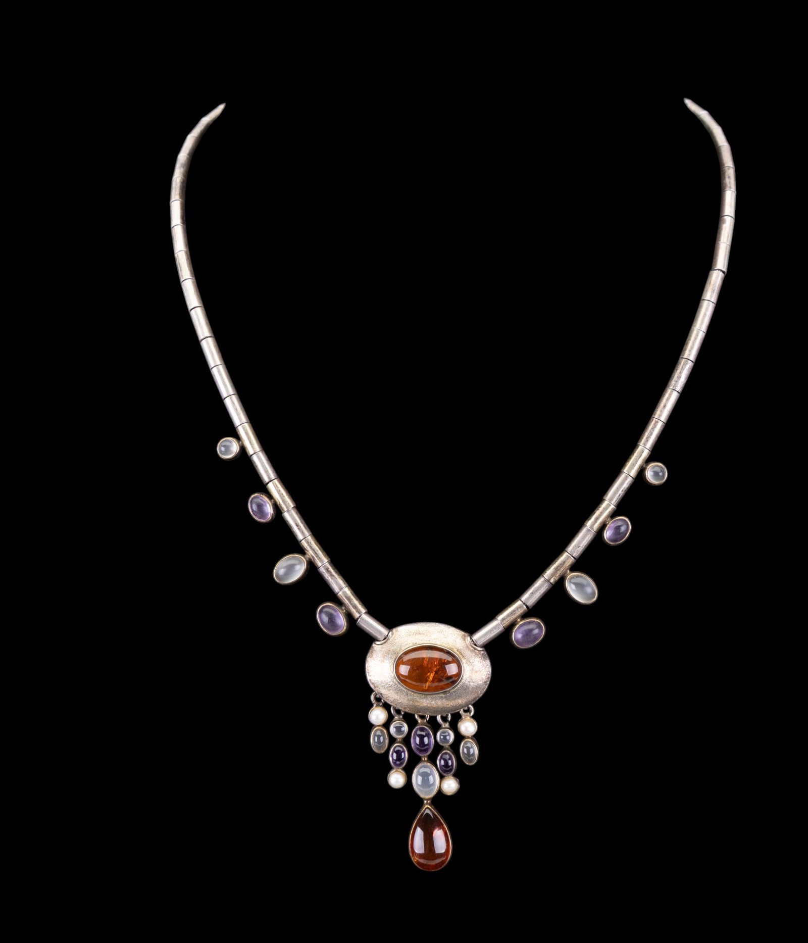 Amber, Amethyst and Moonstone Necklace: Vintage Sterling Silver Necklace, set with a amber oval pendant and amethyst and moonstone dangles.