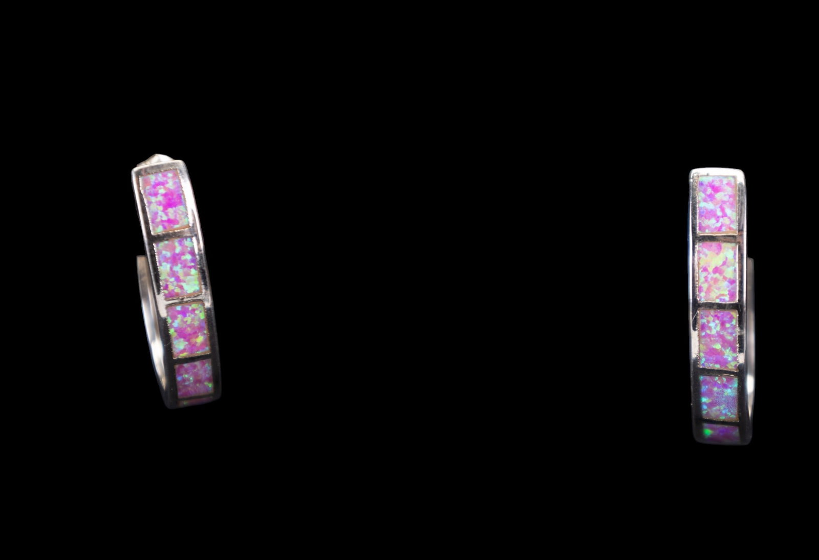 Sterling and Pink Opal Earrings: Marked .925 sterling silver hoop earrings with pinkish opal inlay.
