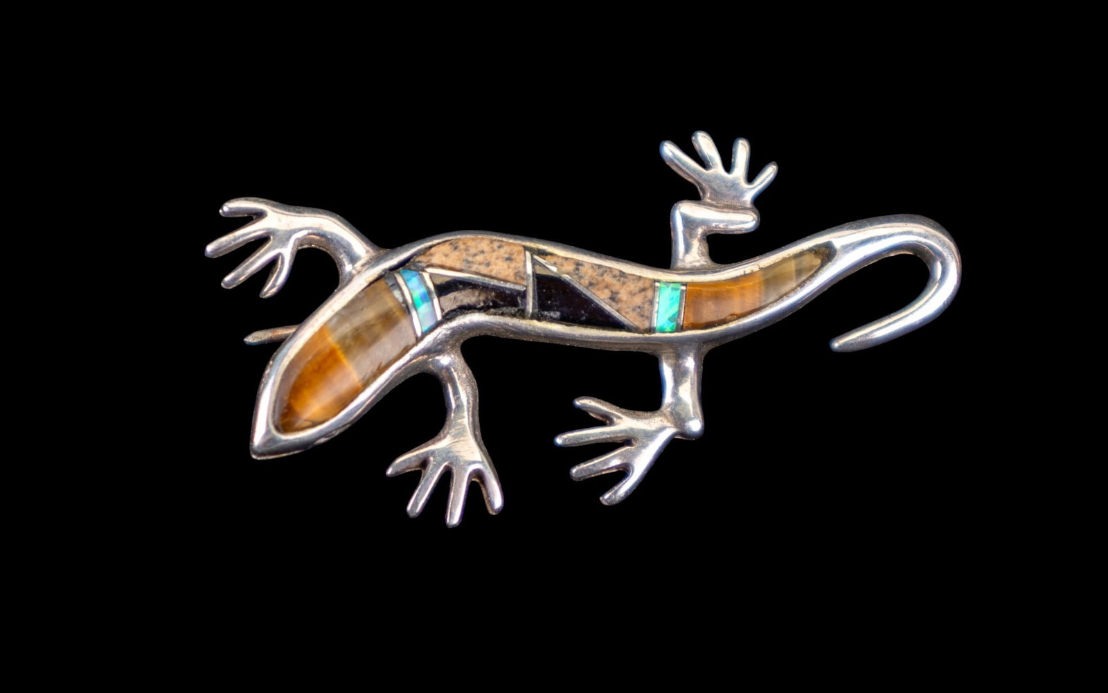 Native Sterling Lizard Pin: Sterling Native lizard pin inlaid with onyx, opal and agate