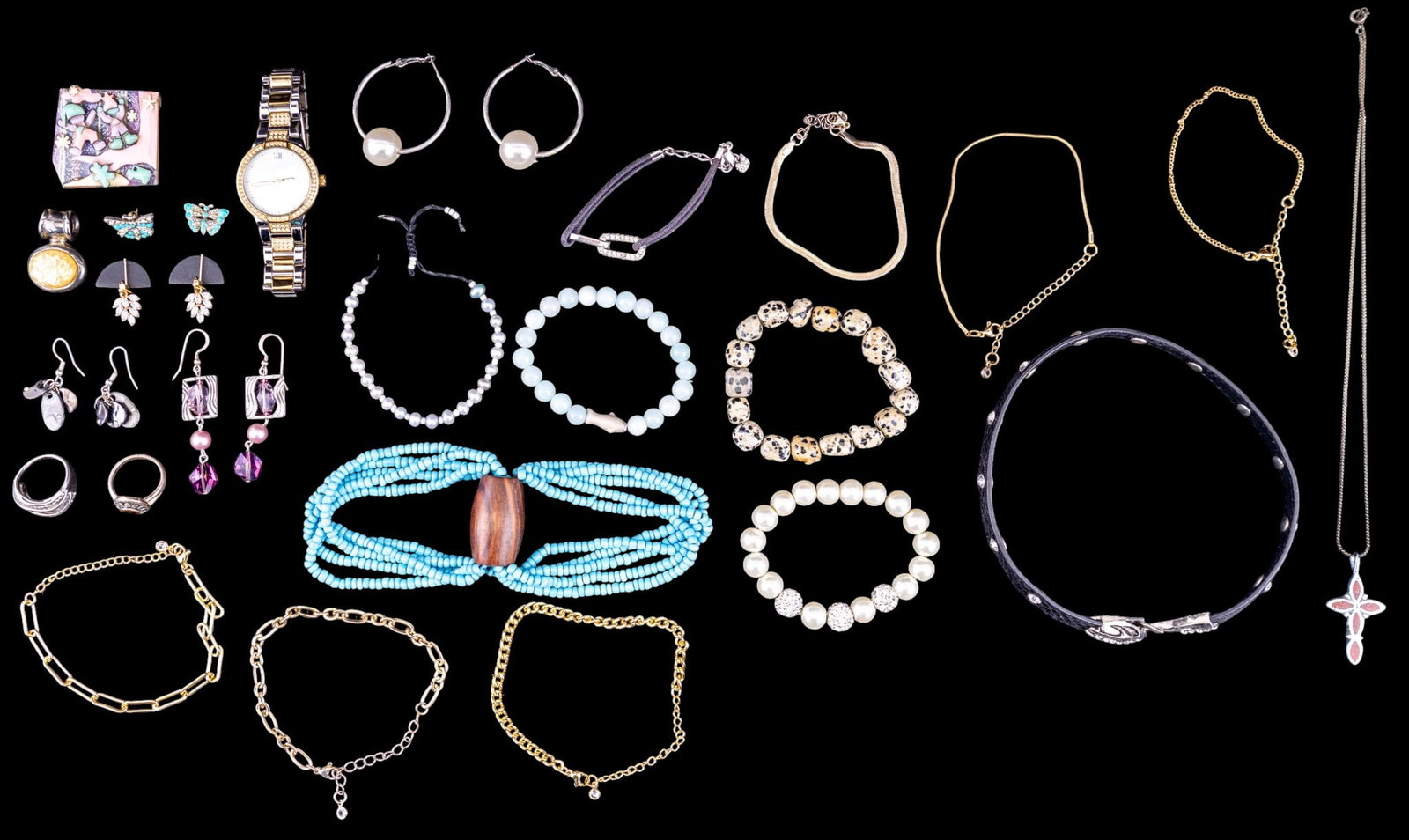 Modern Costume Jewelry: Includes bracelets, rings, necklace and butterfly earrings.