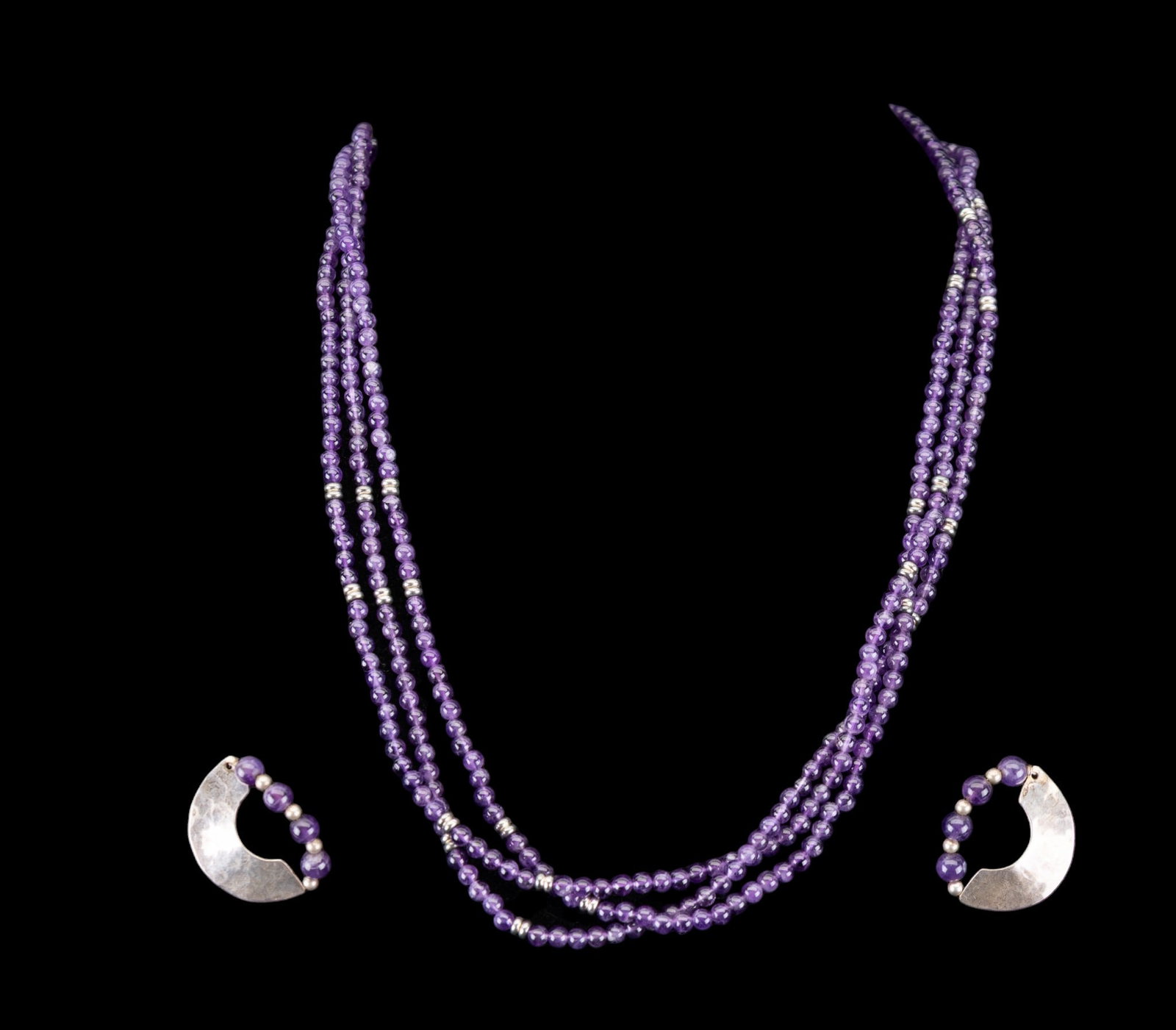 Amethyst and Sterling Jewelry: Polished amber bead necklace with sterling silver detail and matching sterling earrings