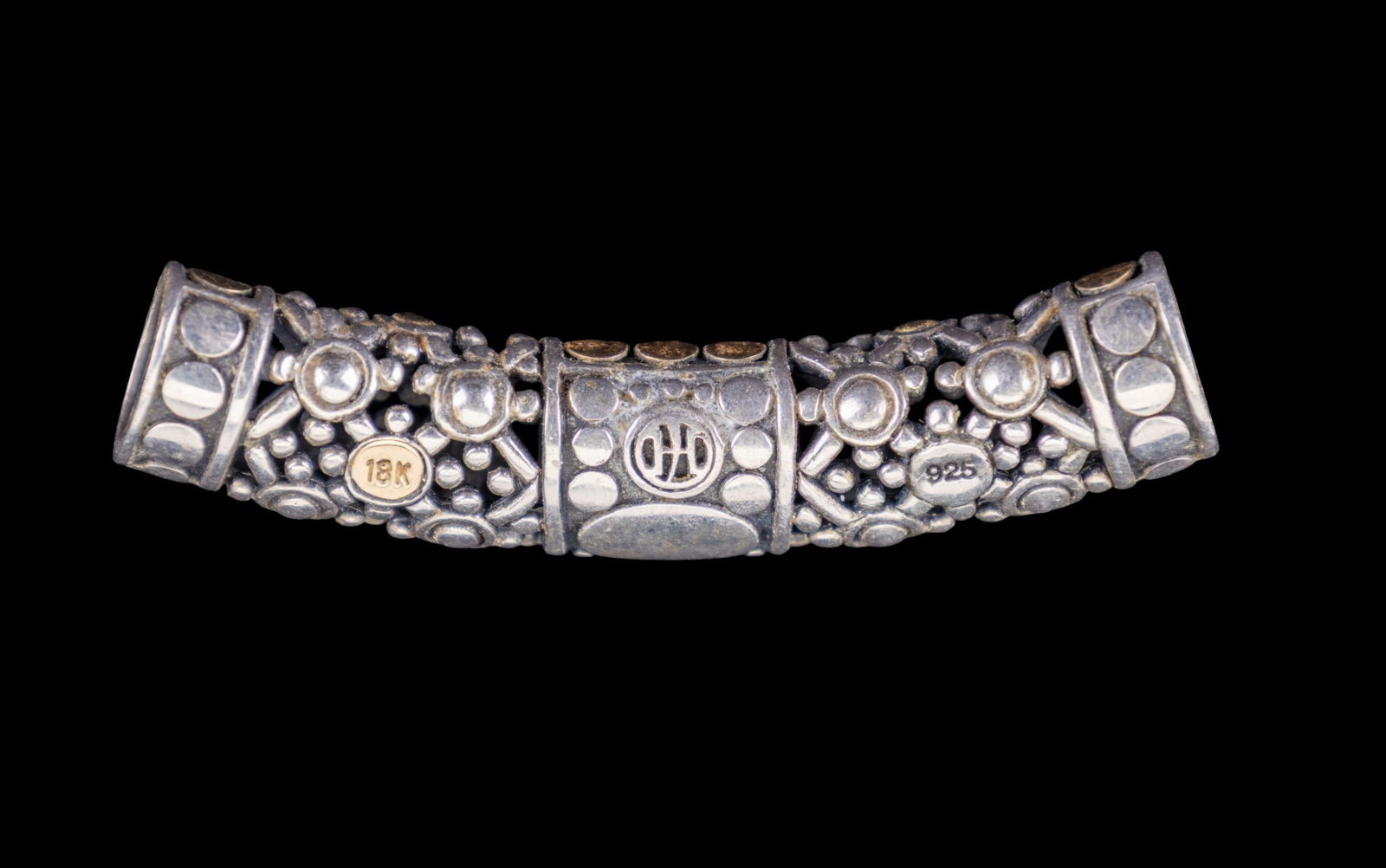 John Hardy 18K Gold and Sterling Pendant: Signed John Hardy, marked 925 sterling silver tubular pendant with 18K gold "dot" detail.
