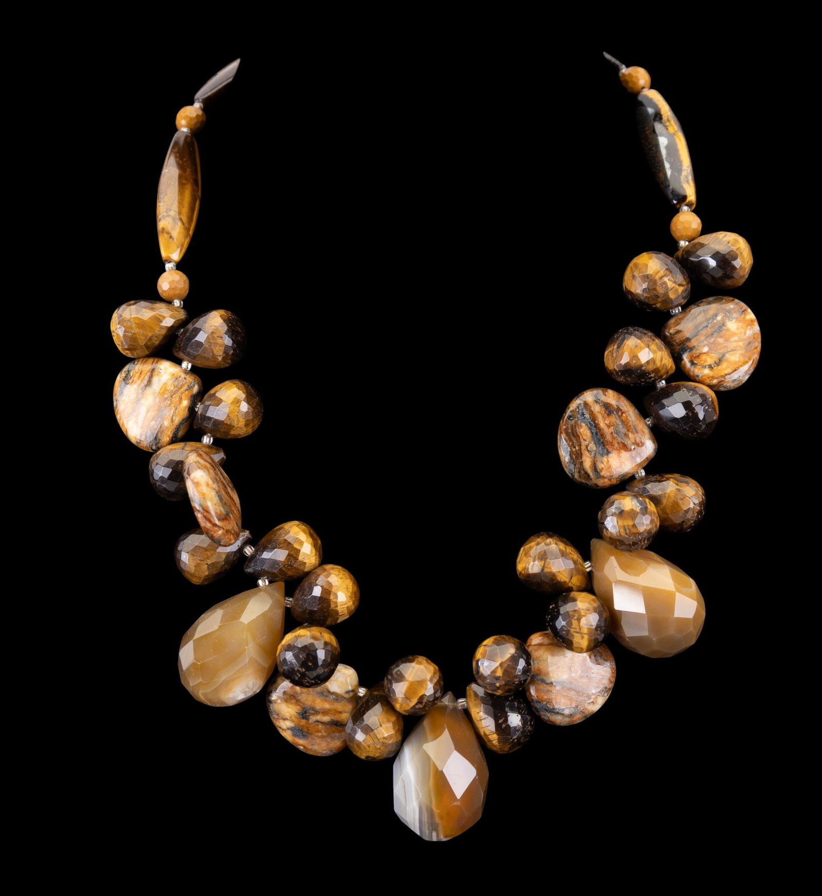 Tiger Eye and Bronze Necklace: Large tiger eye stone necklace with Bronze closure, Signed SAKI.