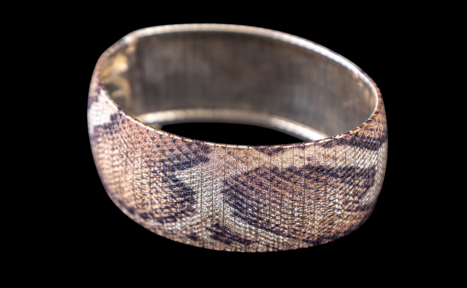 Snakeskin Sterling Bracelet: Wide snake skinned, patterned sterling silver bracelet .925, Italy