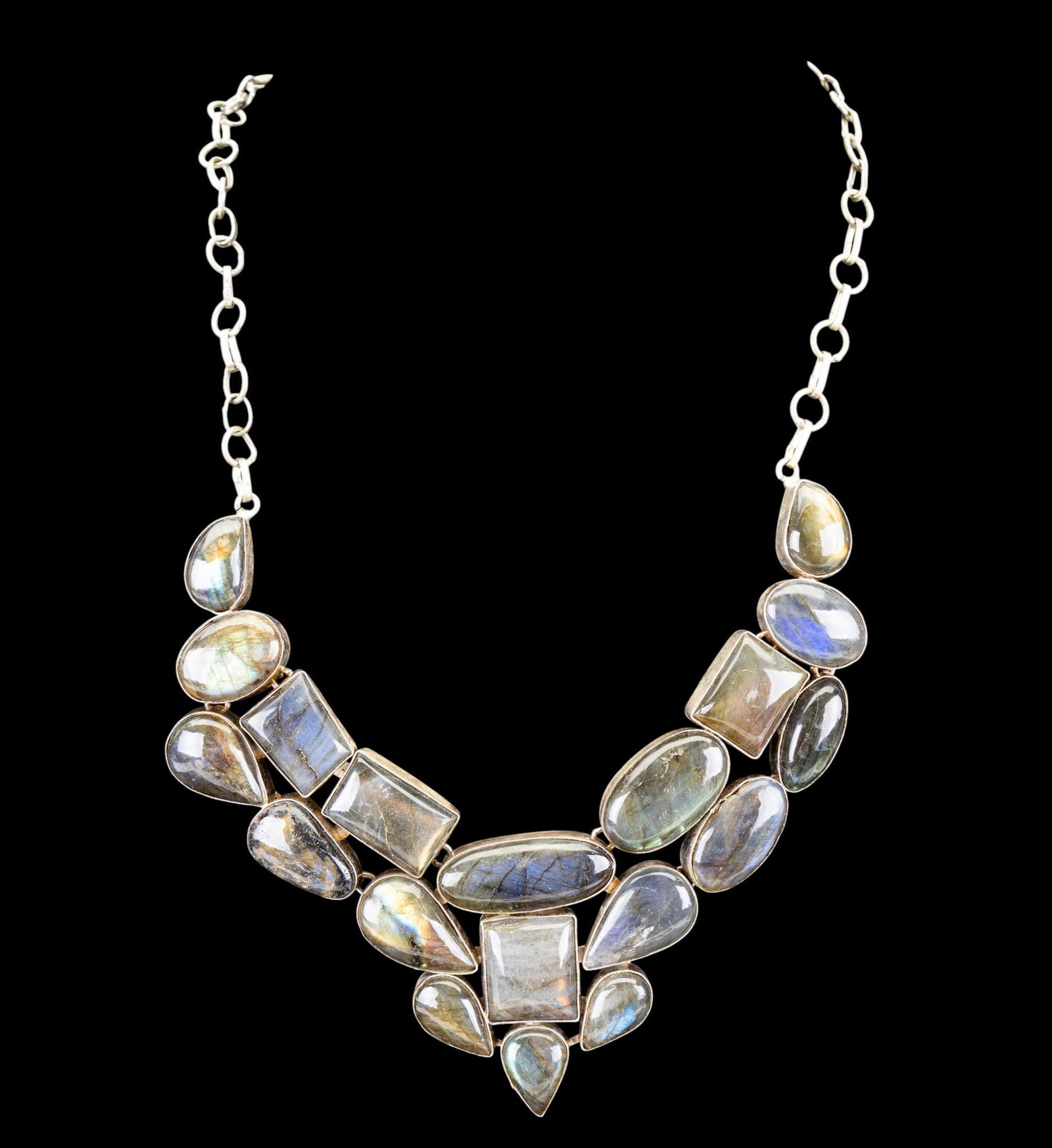 Labradorite Bib Necklace: Large Bib style necklace set with large pieces of labradorite