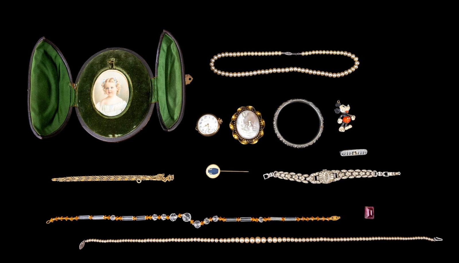 Victorian and Vintage Jewelry: Sterling Schiebler bangle bracelet, art deco crystal and pearl necklaces, rhinestone surprise watch, shell cameo (missing pin bar) g.f. pocketwatch + more