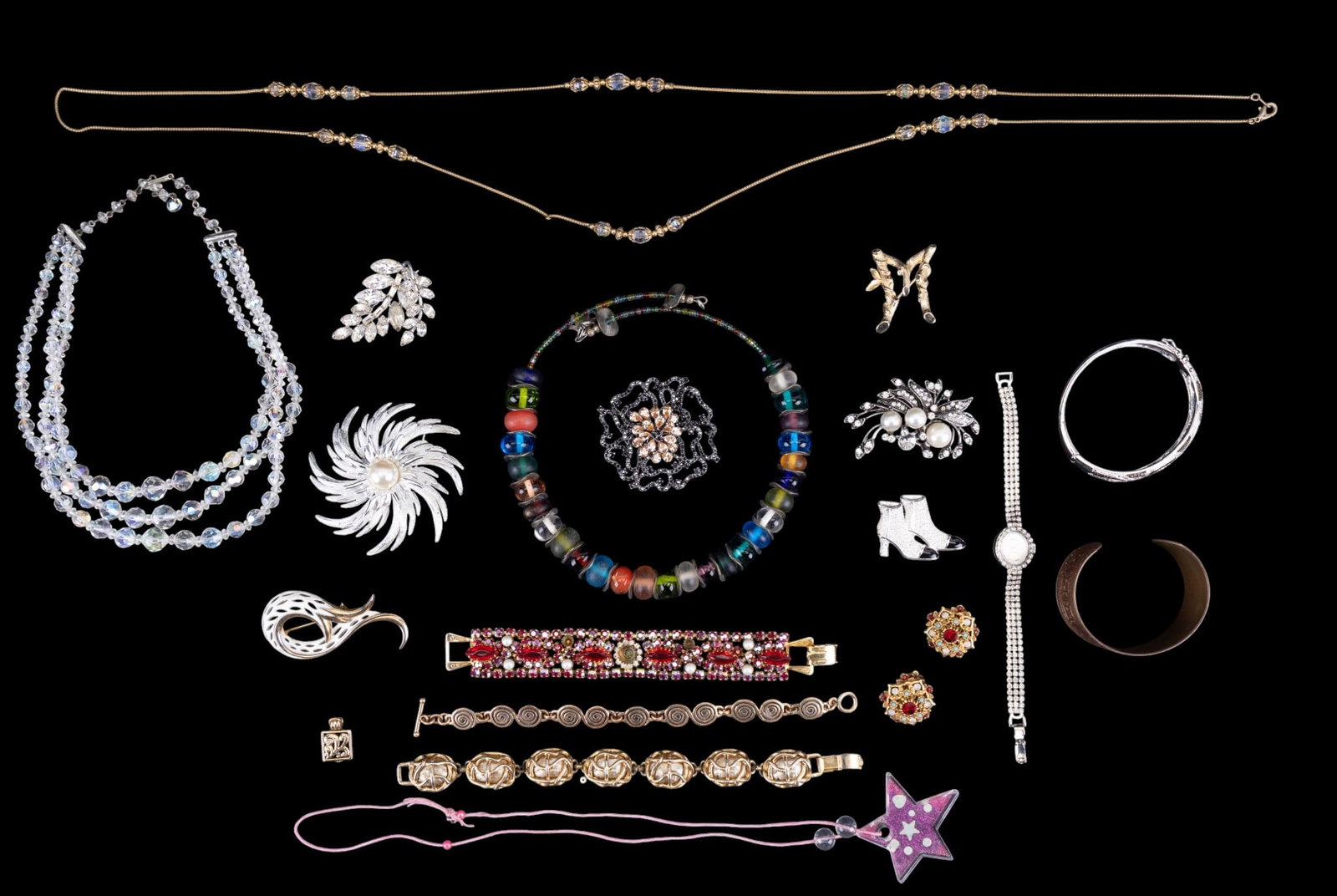 Vintage Estate Jewelry: Includes a handmade glass necklace, crystal necklace, vintage rhinestone and other bracelets, pins and more