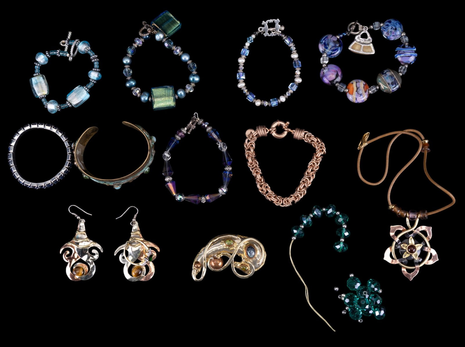 Artisan Jewelry Collection: Includes copper and brass handmade jewelry pieces and many pieces of crystal and glass jewelry