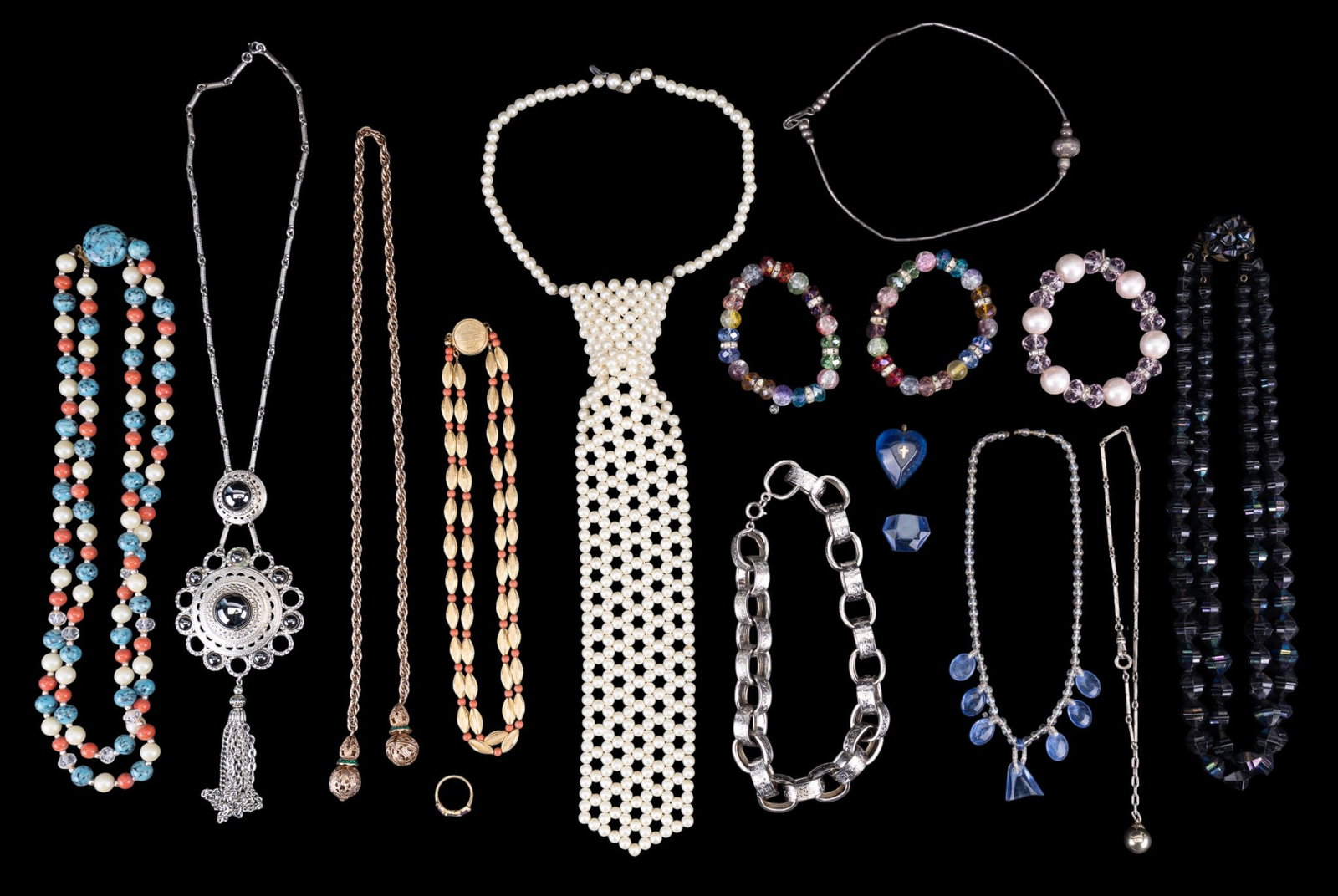 Pearl Style Tie Necklace and Vintage Jewelry: Includes a vintage pearl style tie-choker necklace, several vintage necklaces, artisan glass + more