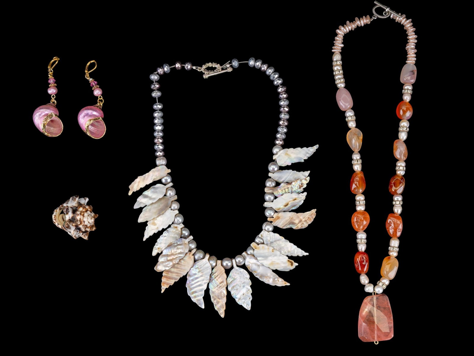 Seashell and Stone Jewelry: Includes pink seashell pierced earrings, pearl and mother of pearl necklace, orange stone necklace + more