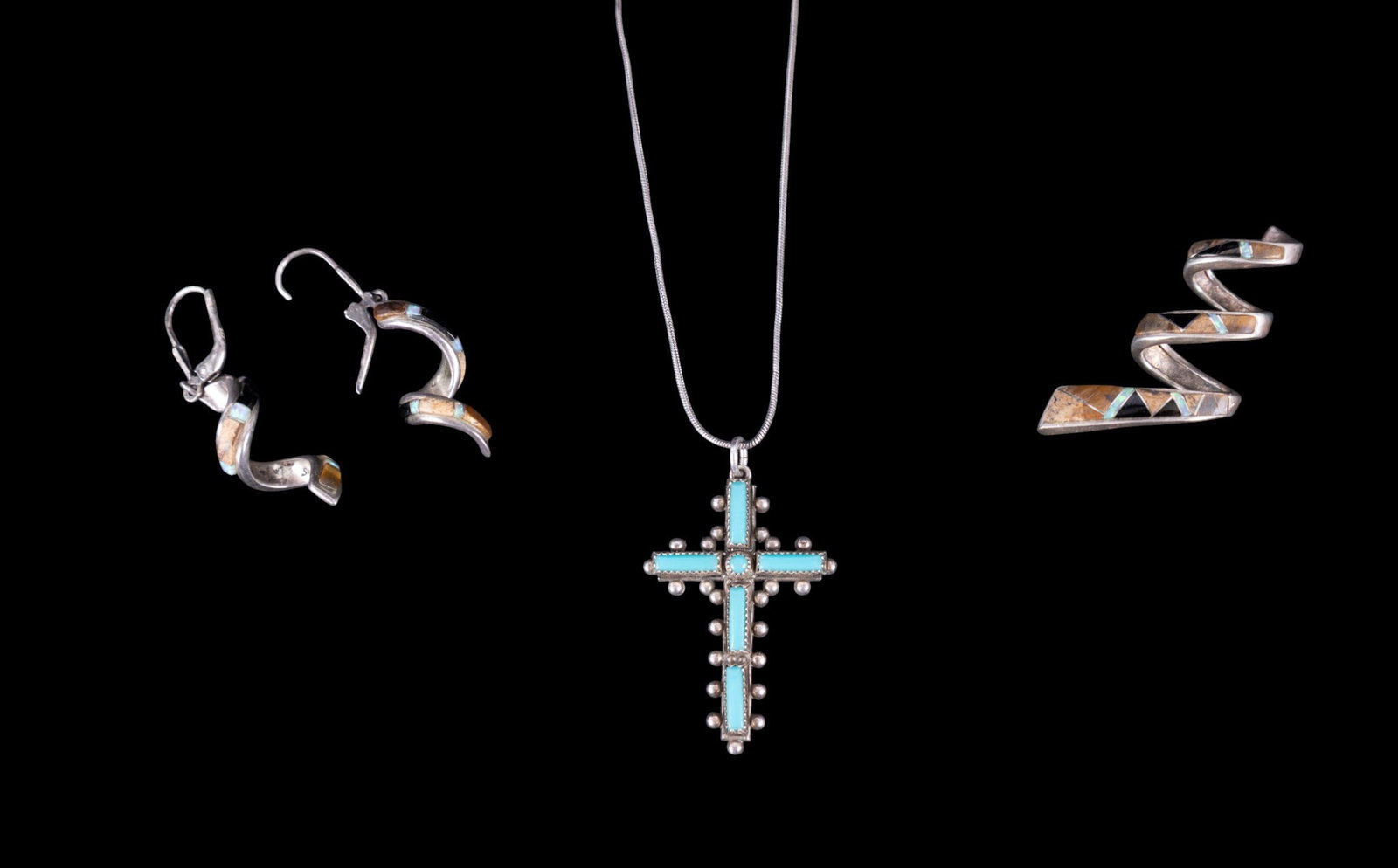 Opal & Turquoise Sterling Jewelry: Sterling Silver Native American 'petit point' cross necklace, opal and tiger eye earrings with matching collar pendant. (note; one earring missing a panel).