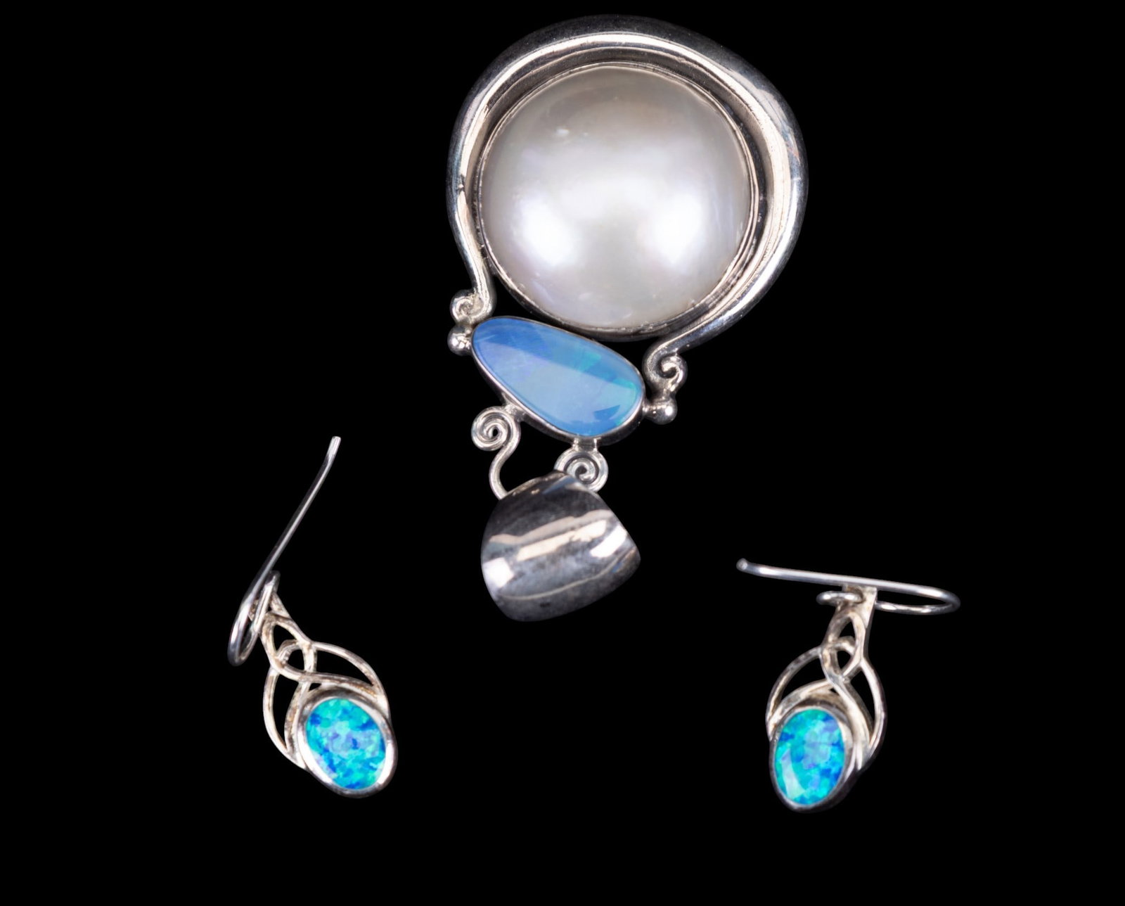 Opal and Vintage Sterling Jewelry: Includes a large mabe pearl pendant with opal detail and a pair of opal pierced earrings.