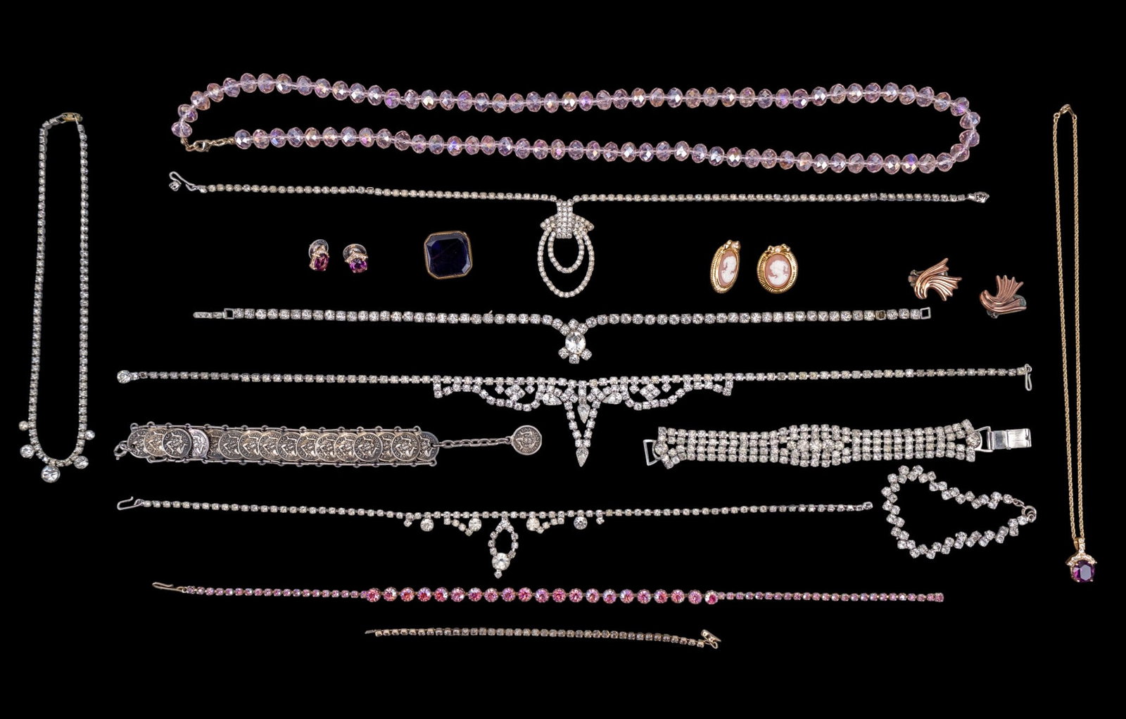 Renoir, Rhinestone, & Vintage Jewelry: Includes Renoir clip earrings, cameo style earrings, pink crystal necklace and rhinestone jewelry.