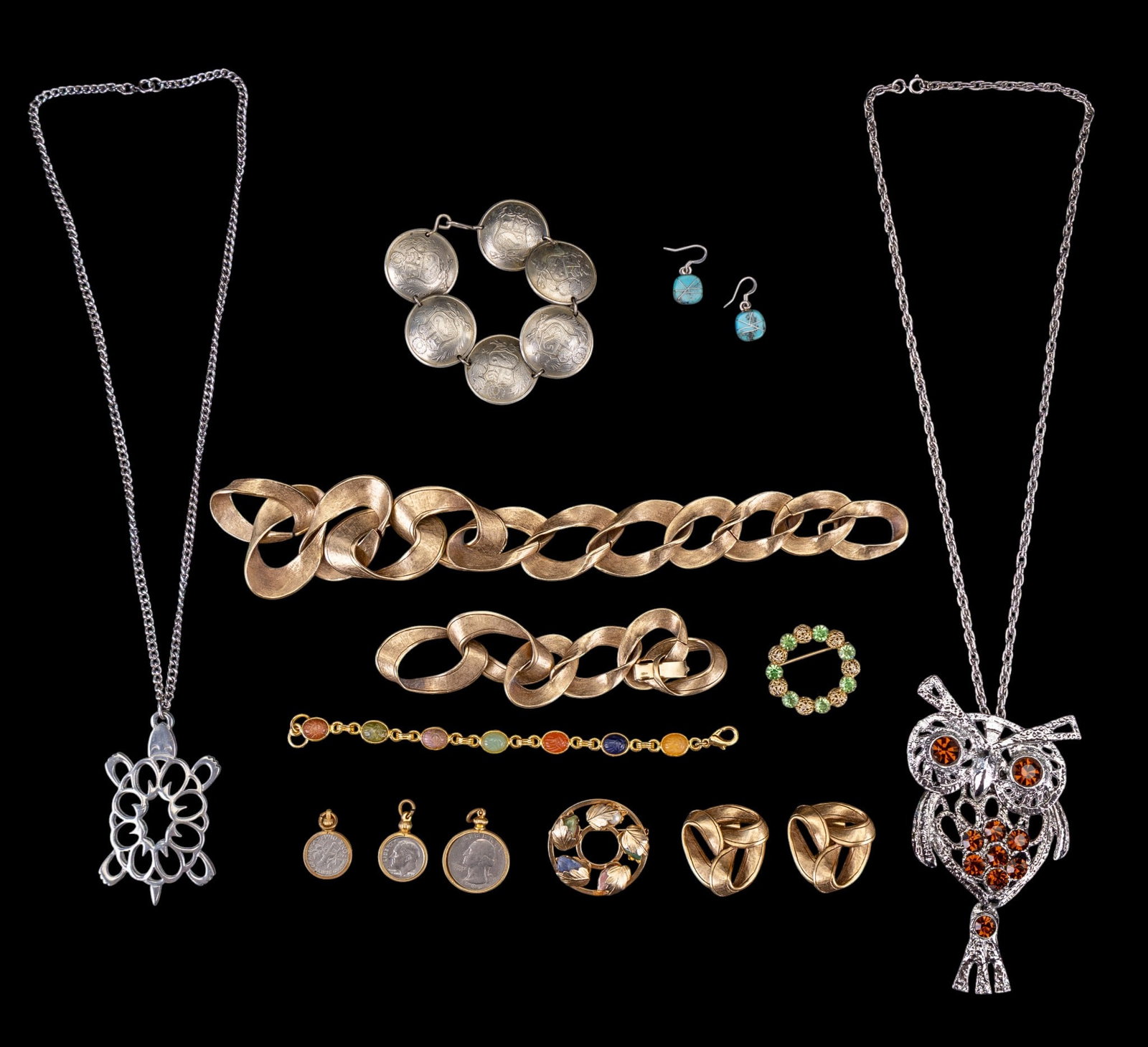 Large Owl Necklace and Jewelry: Includes a large owl pendant rhinestone necklace, coin jewelry, turquoise and sterling earrings and more.