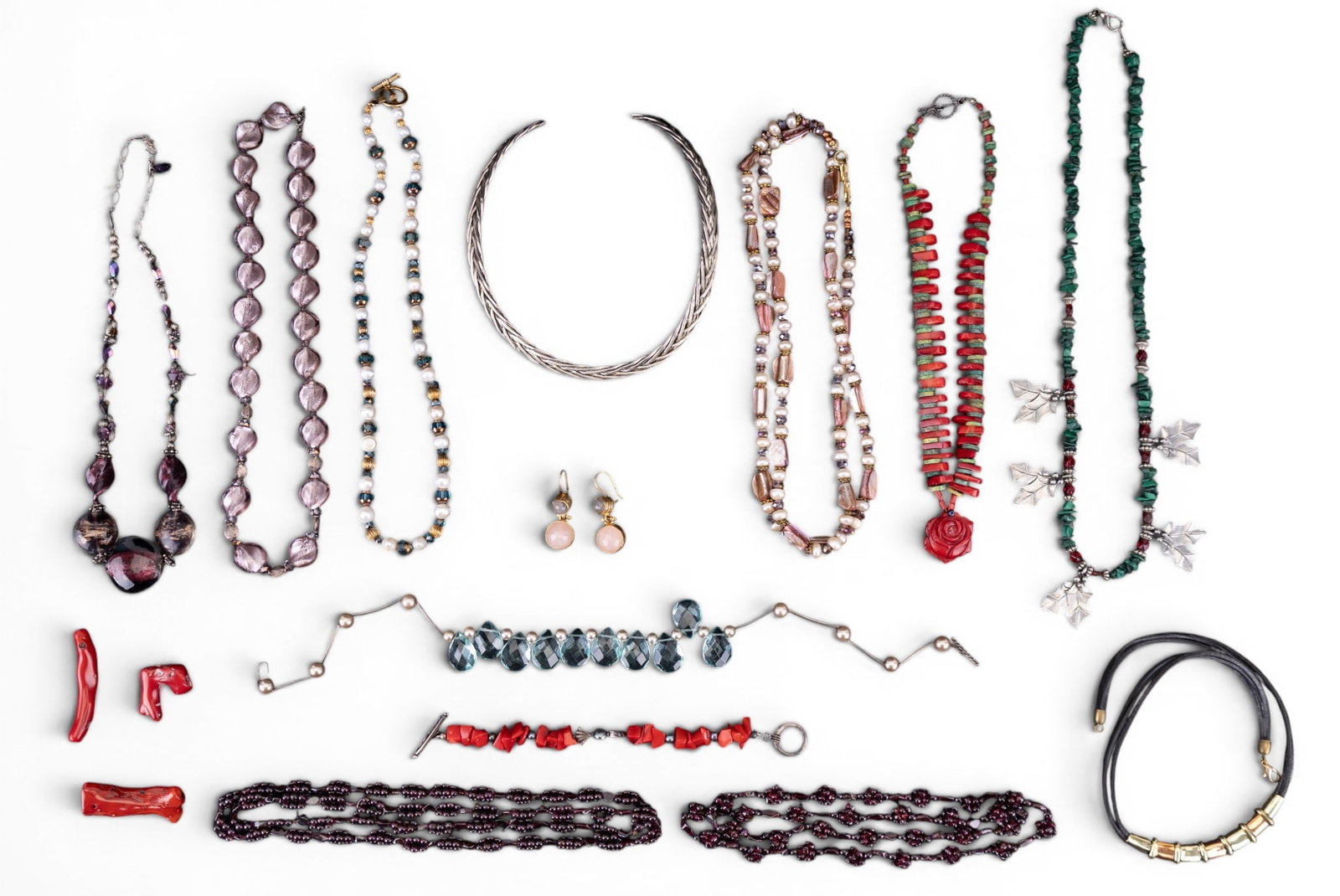 Pearl and Turquoise Necklaces: Includes a selection of turquoise, pearl and stone necklaces, loose coral pieces and more.
