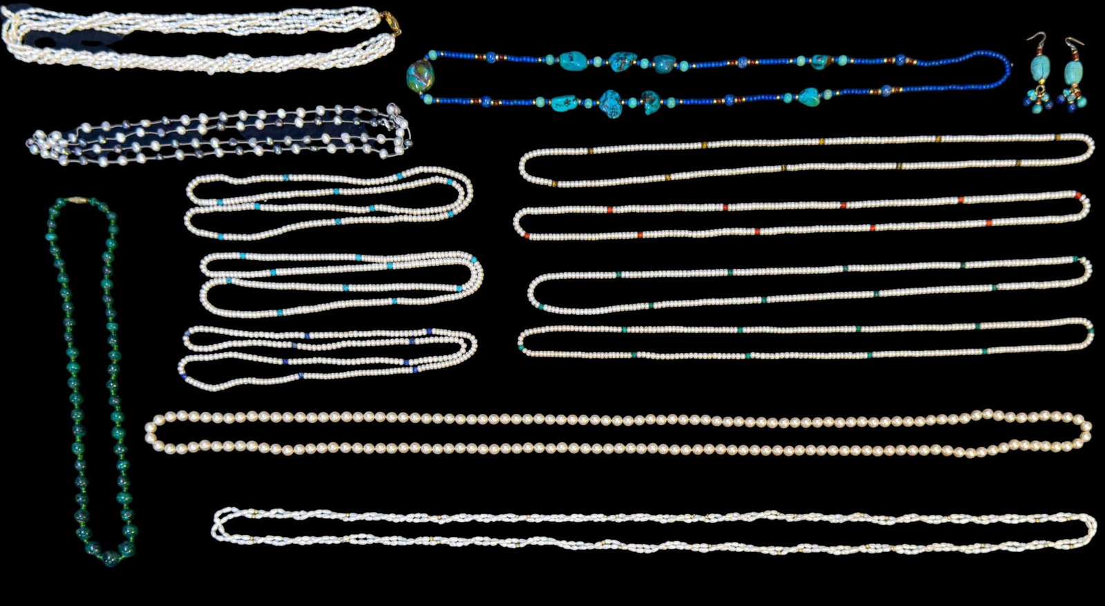 Pearl and Turquoise Necklaces: Variety of necklaces to include a malachite and green glass bead necklace, various pearl necklaces and turquoise necklaces.
